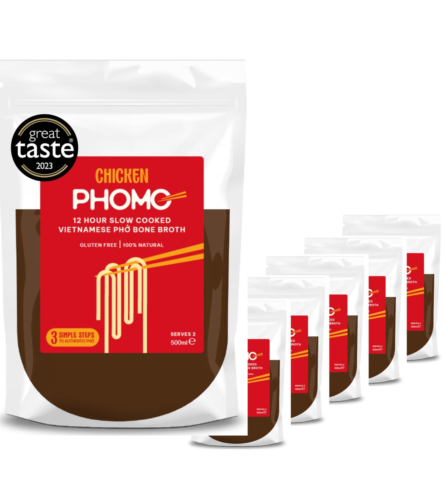 Authentic Chicken Pho Bone Broth | Slow-Simmered 12-Hour Vietnamese Recipe | 100% Natural Ingredients | No MSG/Preservatives | Gluten/Nut/Sesame Free | 6 x 500ml (makes 12 bowls) | 26 Cals per Portion Chicken Pho 500 ml (Pack of 6) - Buy Online on GoSupps.com
