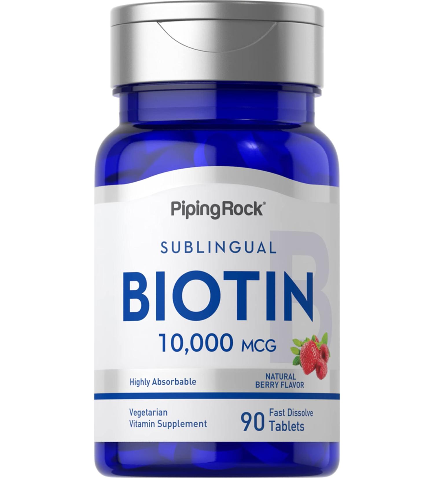 Piping Rock Biotin 10000mcg Tablets | 90 Berry Flavor | Max Strength, Fast Dissolve Sublingual | Vegetarian, Non-GMO, Gluten-Free - Buy Online on GoSupps.com