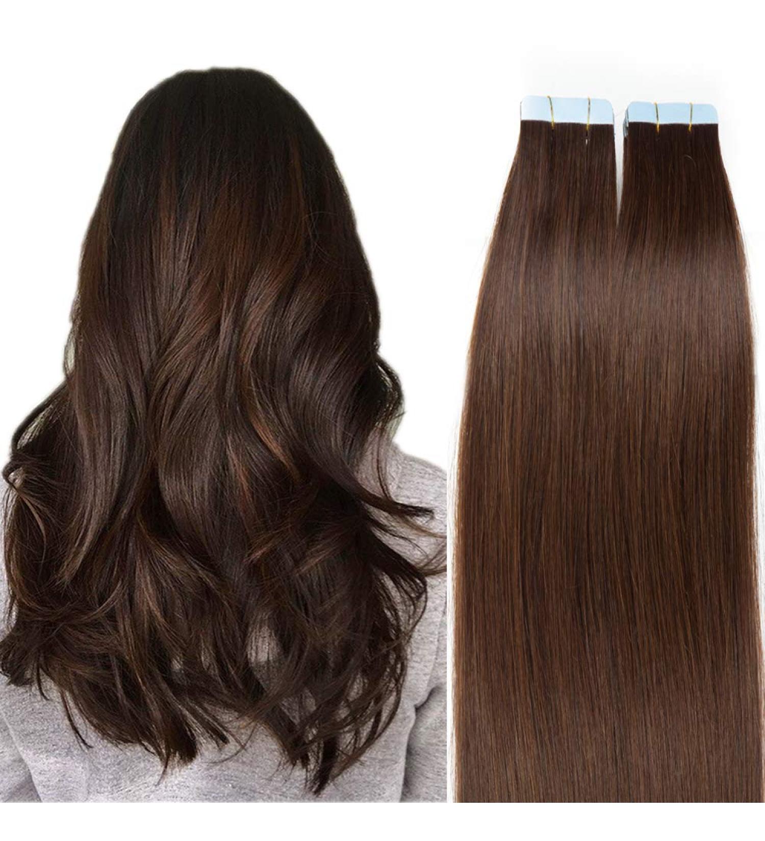 SEGO Tape Extensions | 20 Real Hair Pieces - 100% Remy Human Hair Medium Brown #4 (40cm 30g) | Adhesive Hair Extensions - Buy Online on GoSupps.com