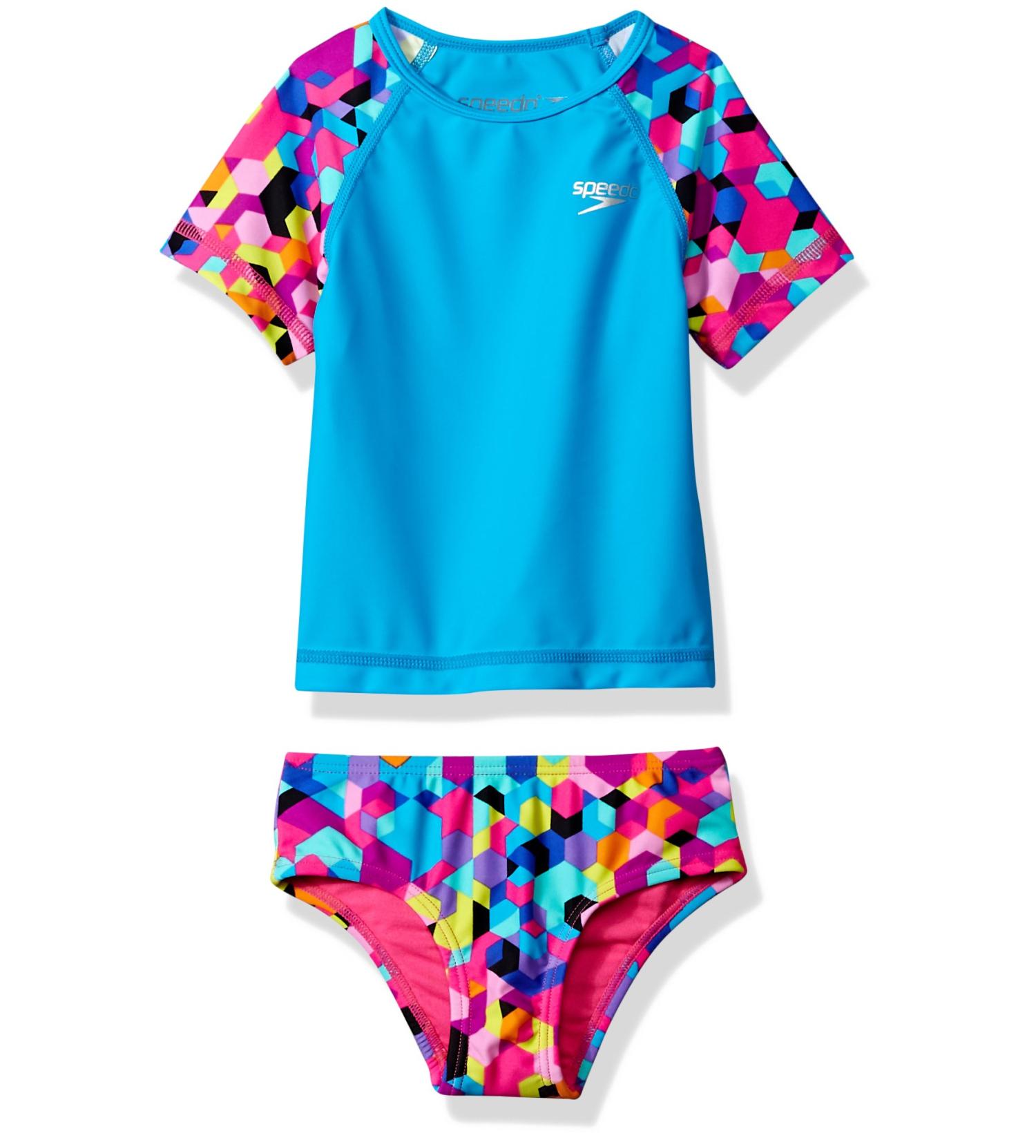 Speedo Girls' Uv Swim Shirt Short Sleeve Rashguard Set-Discontinued Rainbow Brights 18M (Toddler)