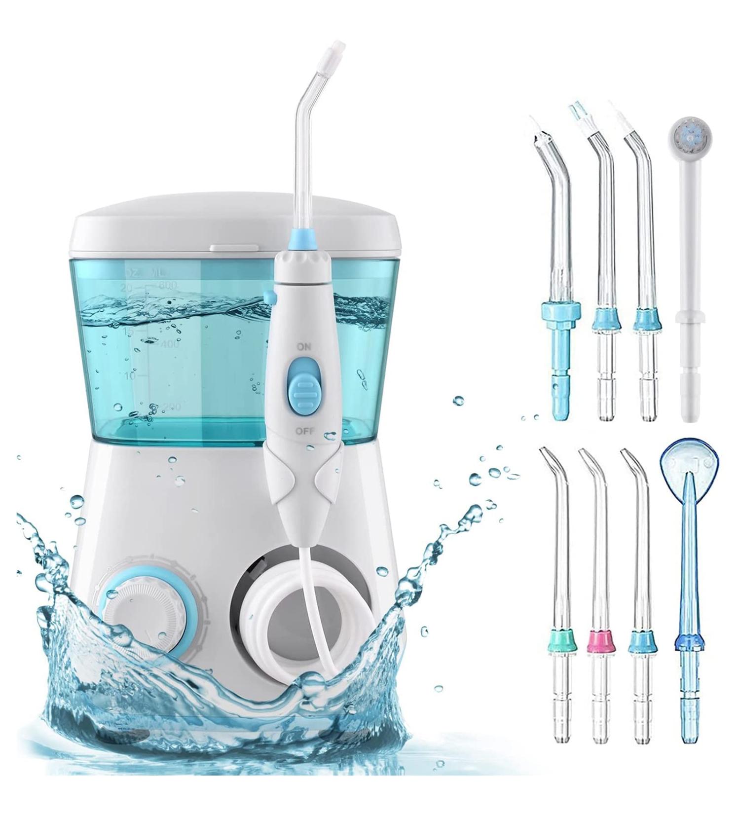 Dental Water Flosser Oral Irrigator - 10 Pressure Settings, 8 Jet Tips, 600ml Capacity - White, Waterproof, Family Set - Buy Online on GoSupps.com