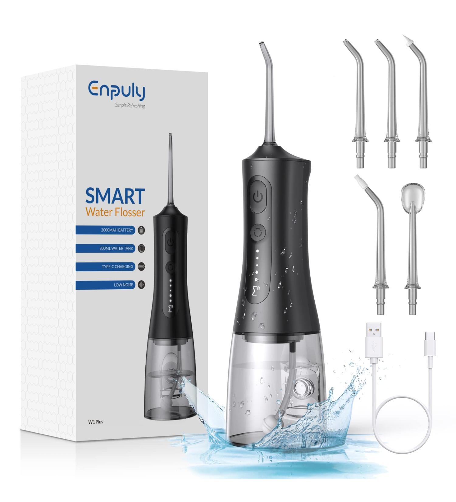 ENPULY Cordless Water Dental Flosser Portable 300ml Teeth Cleaner with 5 Modes & Jet Tips | IPX7 Waterproof Rechargeable Black Flosser for Effective Oral Care - Buy Online on GoSupps.com