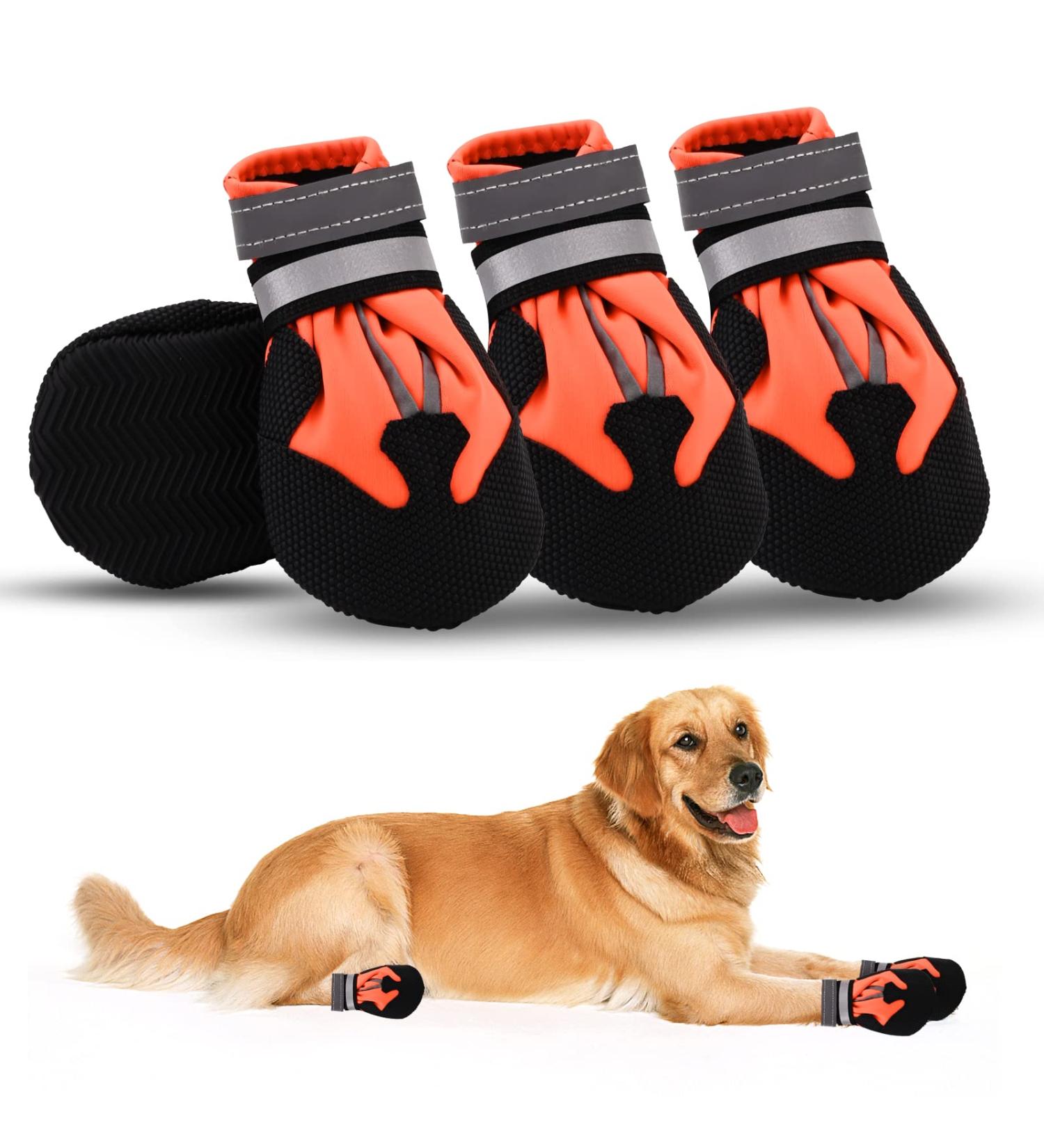 Waterproof Dog Shoes for Small & Medium Dogs | 4-Piece Anti-Slip Outdoor Paw Protectors - Reflective Straps (Orange XL) - Buy Online on GoSupps.com
