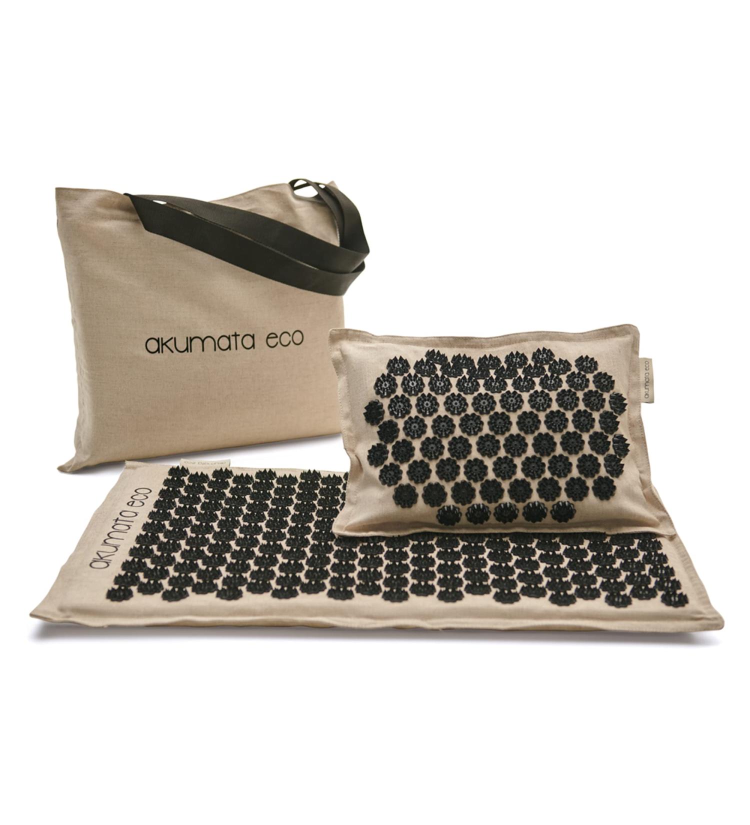 Akumata Eco Acupressure Mat & Pillow Set for Back & Neck Pain Relief | Full Body Massage Set - Linen & Black - Buy Online on GoSupps.com