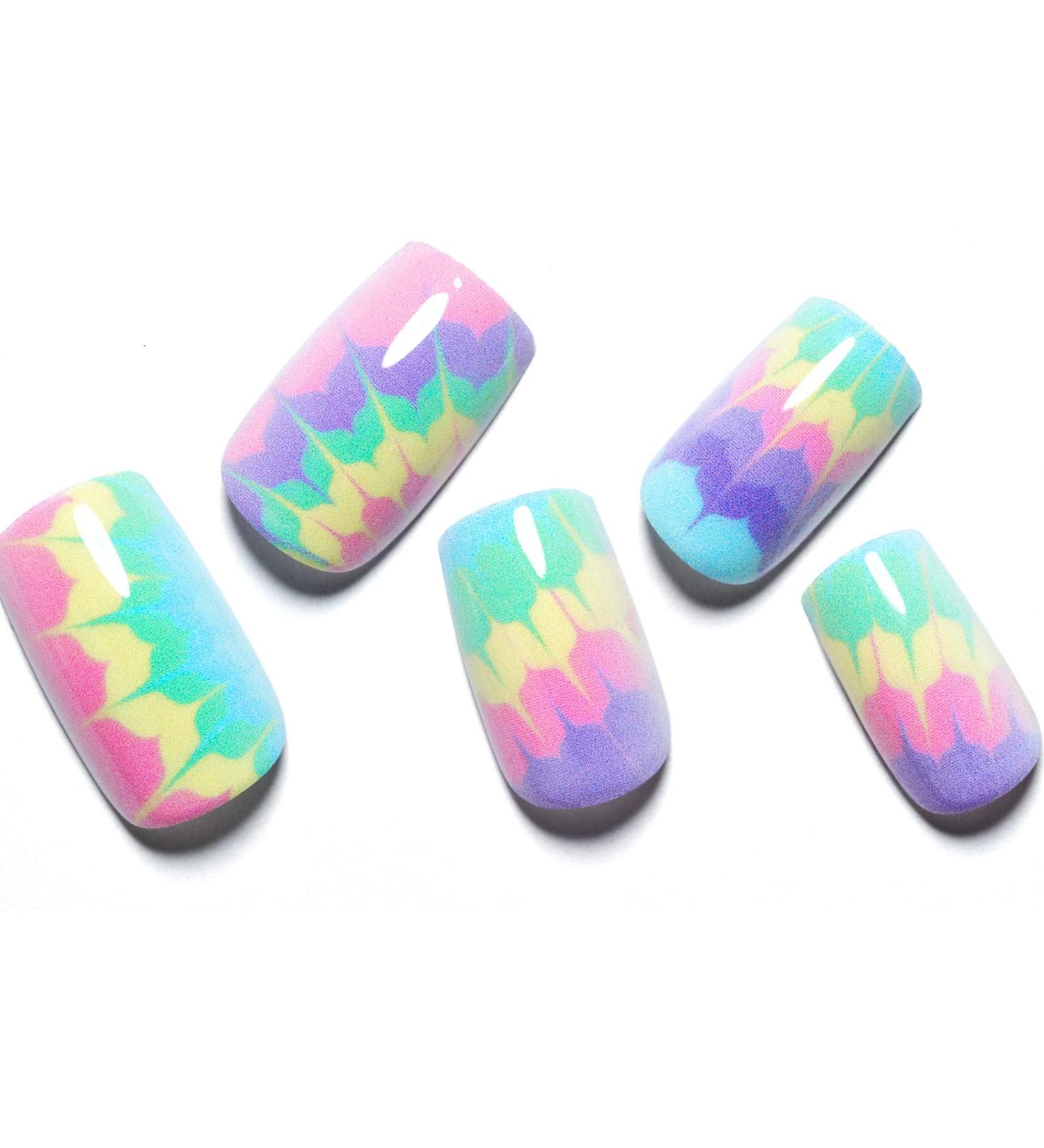 Glamourmaid Tie-Dye Press-On Nails - 24Pcs Medium Short Square Acrylic False Nail Kit for Women & Girls - Bright & Colorful Design with Stick Glue - Reusable & Full Cover Set - Buy Online on GoSupps.com