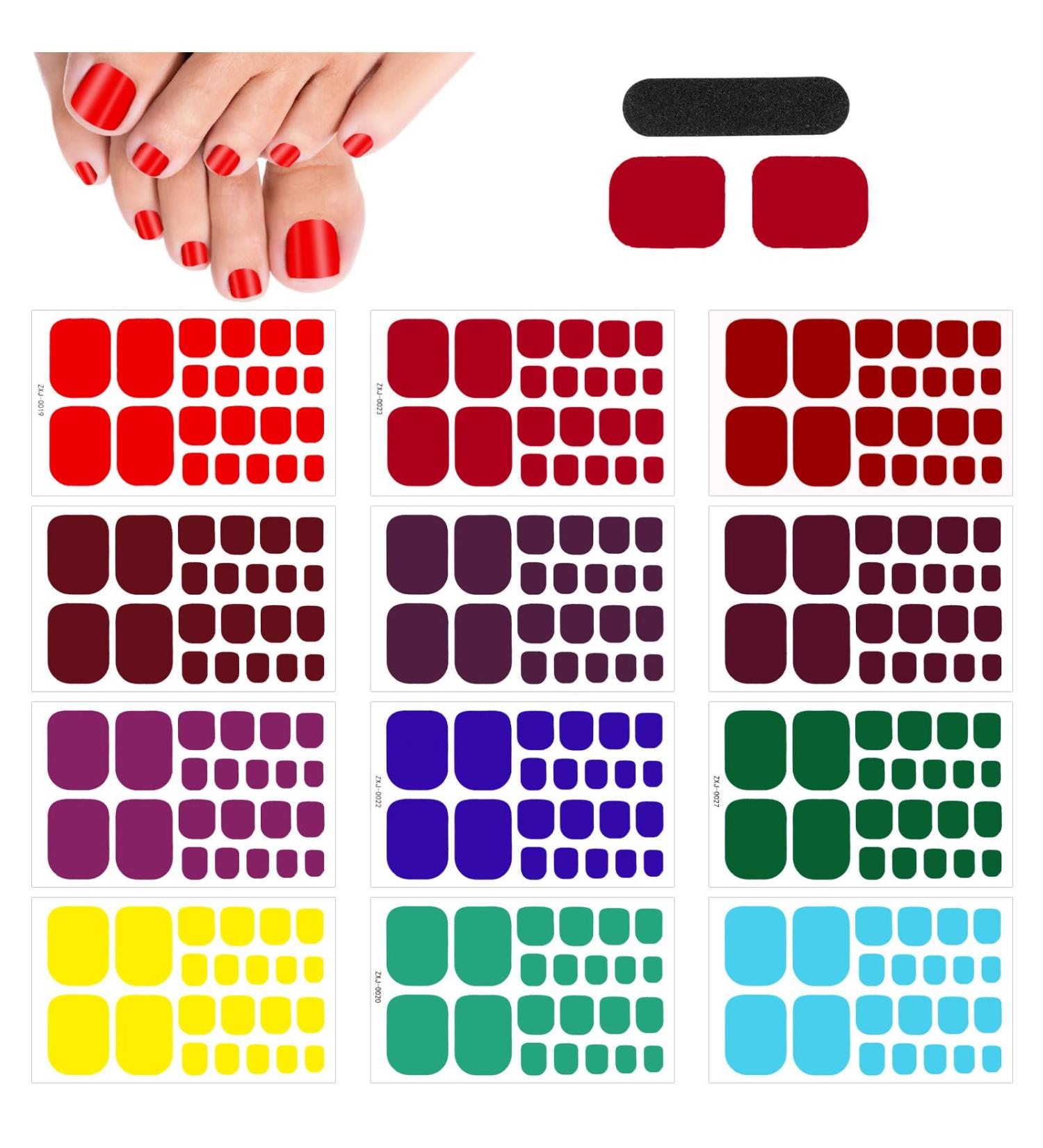 JSRQT 12 Sheets Full Toe Nail Stickers Solid Colors Toe Nail Polish Stickers Red Purple Brown Gel Nail Stickers with Nail File Full Toe Nail Wraps DIY Nail Decor Art Toenails Stickers for Women Girls - Buy Online on GoSupps.com