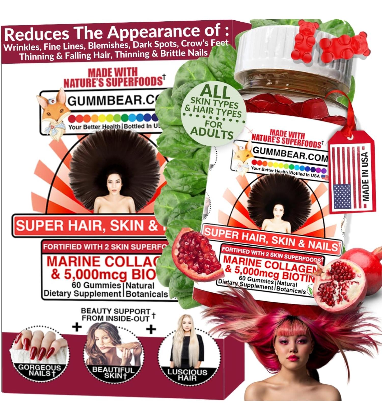 Hair Skin and Nails Vitamins Hair Skin and Nails Gummies Biotin Collagen Gummies Biotin 5000mcg Hair Vitamins Collagen Supplements Marine Collagen Vitamin B12 Gifts for Women GummBear - Buy Online on GoSupps.com