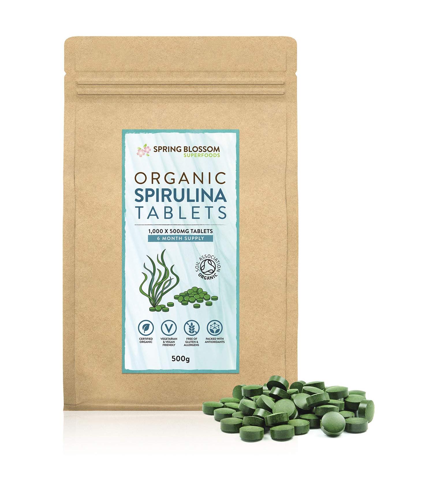 500G Organic SPIRULINA Tablets 1000 x 500mg Natural Dietary Food Supplement Premium Quality Non-GMO Vegan Detox Superfood Rich in Protein Vitamins Amino Acids Iron - Soil Association Certified - Buy Online on GoSupps.com