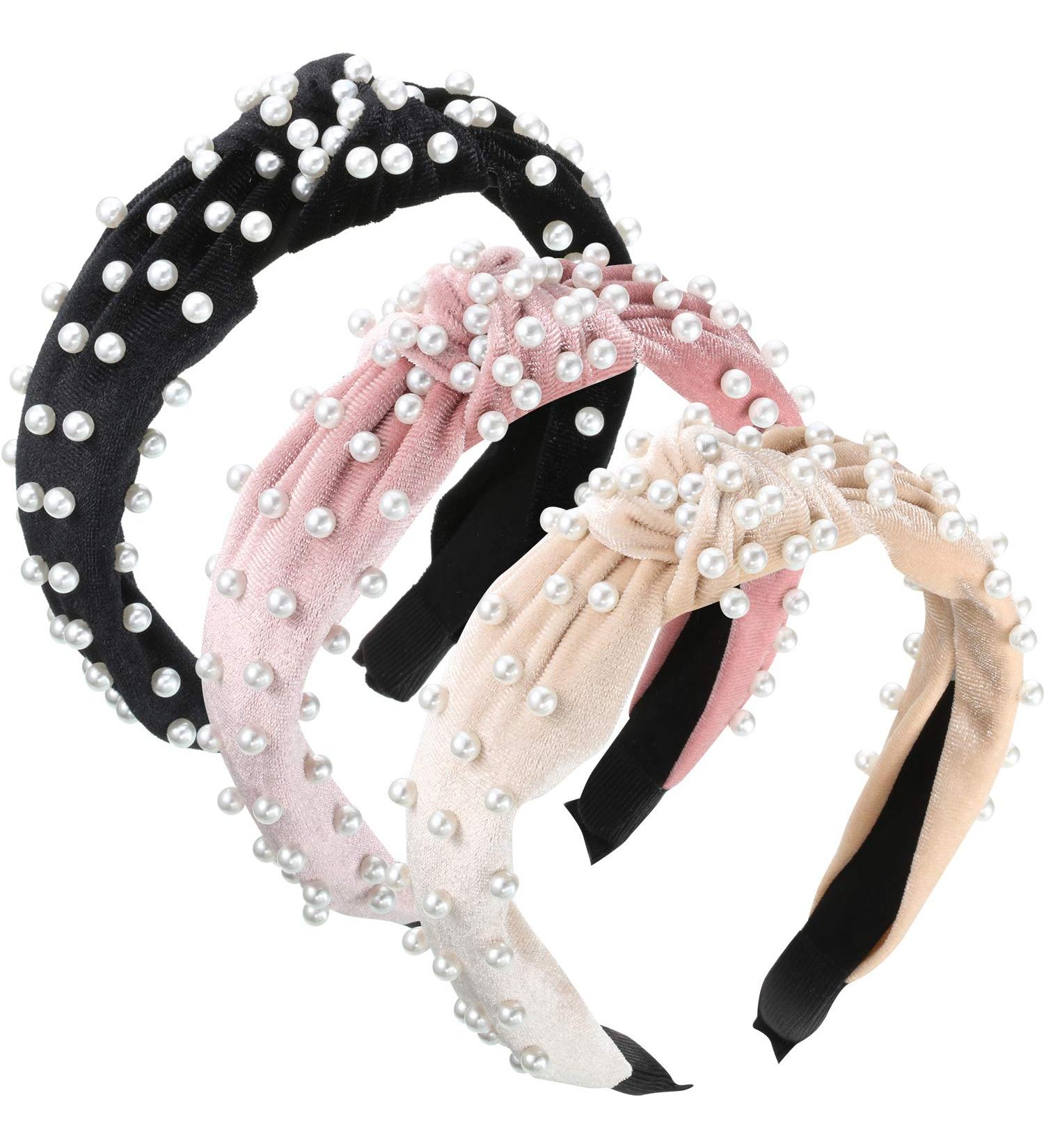 3-Piece Pearl Headband Set | Vintage Twisted Hair Jewelry for Women & Girls | Beige Pink Black - Buy Online on GoSupps.com