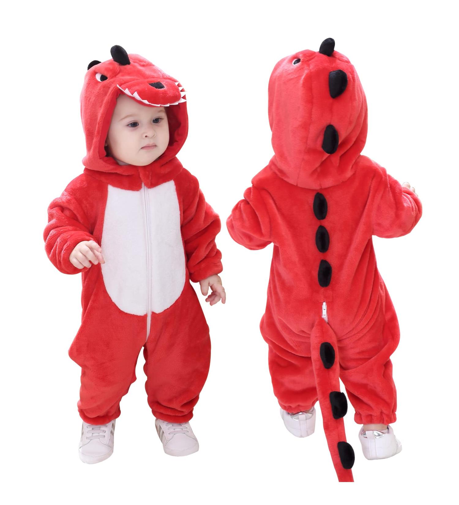 Doladola Unisex Baby Hooded Romper Jumpsuit | Red Dinosaur | 0-3 Months - Buy Online on GoSupps.com