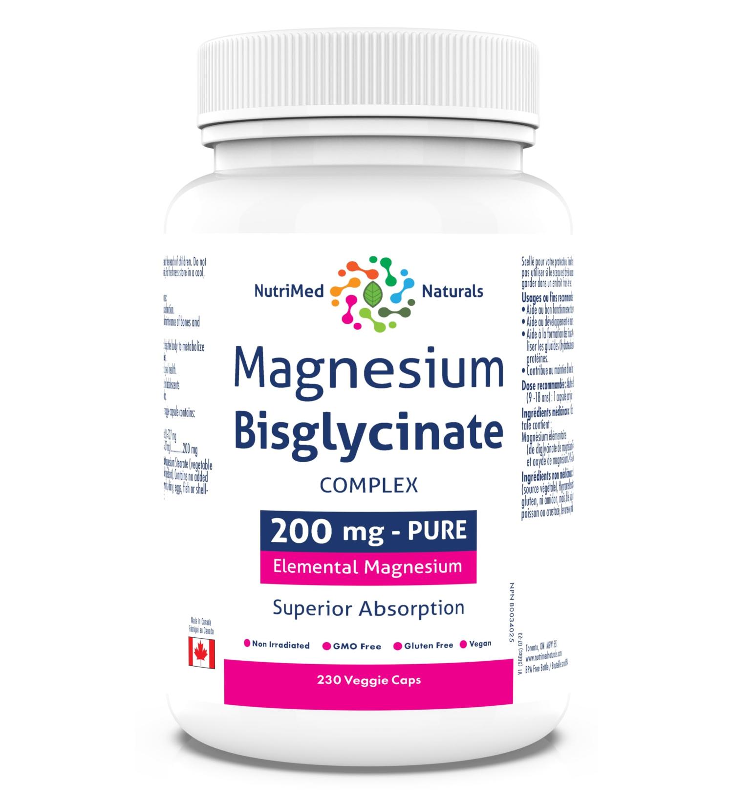 Nutrimed Naturals Magnesium Bisglycinate 200mg - 230 Caps for Muscle & Bone Health Sleep Support - 3rd Party Tested & Made in Canada - Buy Online on GoSupps.com