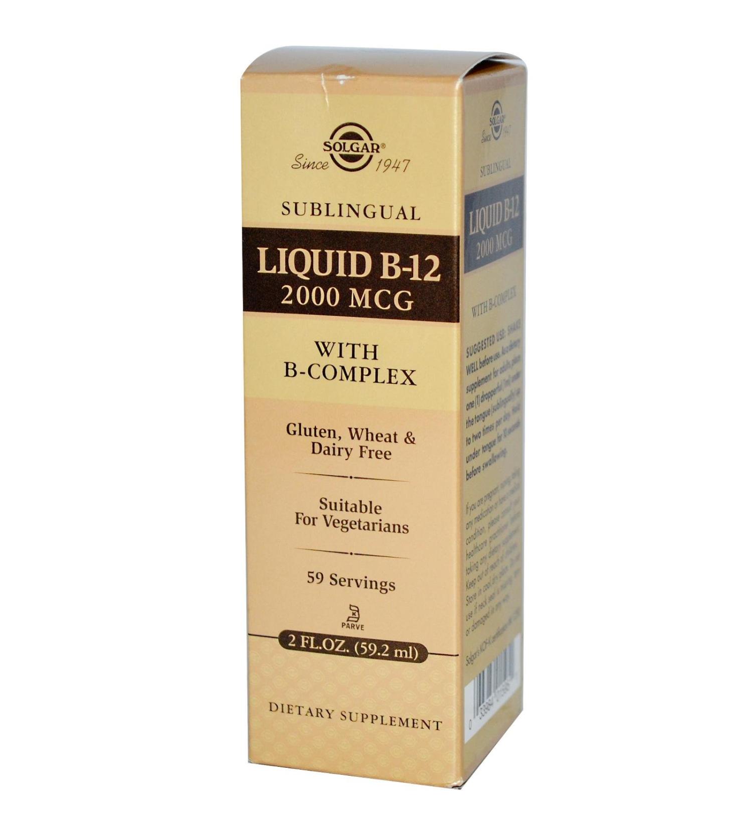 Solgar Sublingual Liquid B-12 2000 mcg with B-Complex - 2 fl oz - Supports Production of Energy Red Blood Cells Healthy Nervous System & Heart Health - Vegan Gluten Free - 59 Total Servings