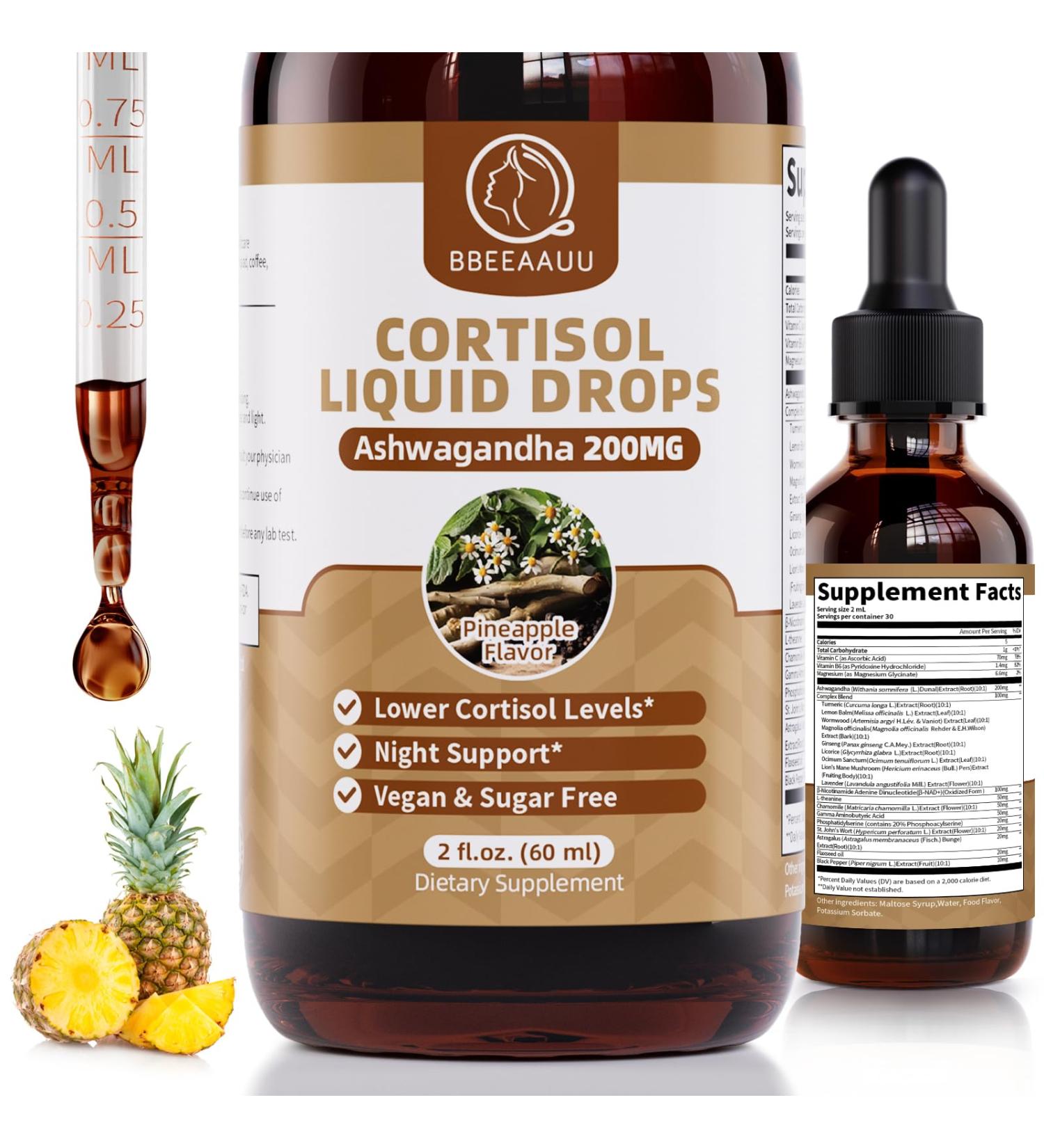 Cortisol Supplements for Women & Men with 200mg Ashwagandha L-Theanine & Phosphatidylserine 21-in-1 Cortisol Manager Reducer Liquid Drops Support Night Focus & Energy Pineapple 60ml Pineapple 2 Fl Oz (Pack of 1) - Buy Online on GoSupps.com