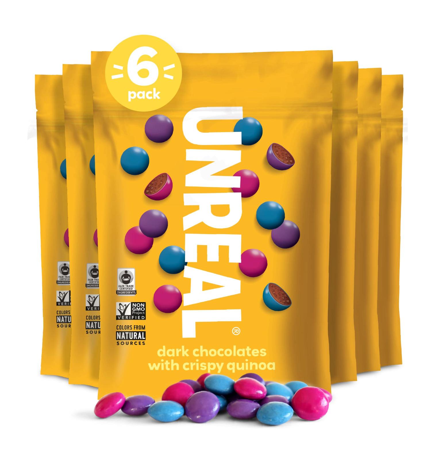 UNREAL Dark Chocolate & Crispy Quinoa Gems | Certified Vegan Fair Trade  Non-GMO | Made with Gluten Free Ingredients and Colors from Nature | No Sugar Alcohols or Soy | 6 Bags 5 Ounce (Pack of 6) - Buy Online on GoSupps.com