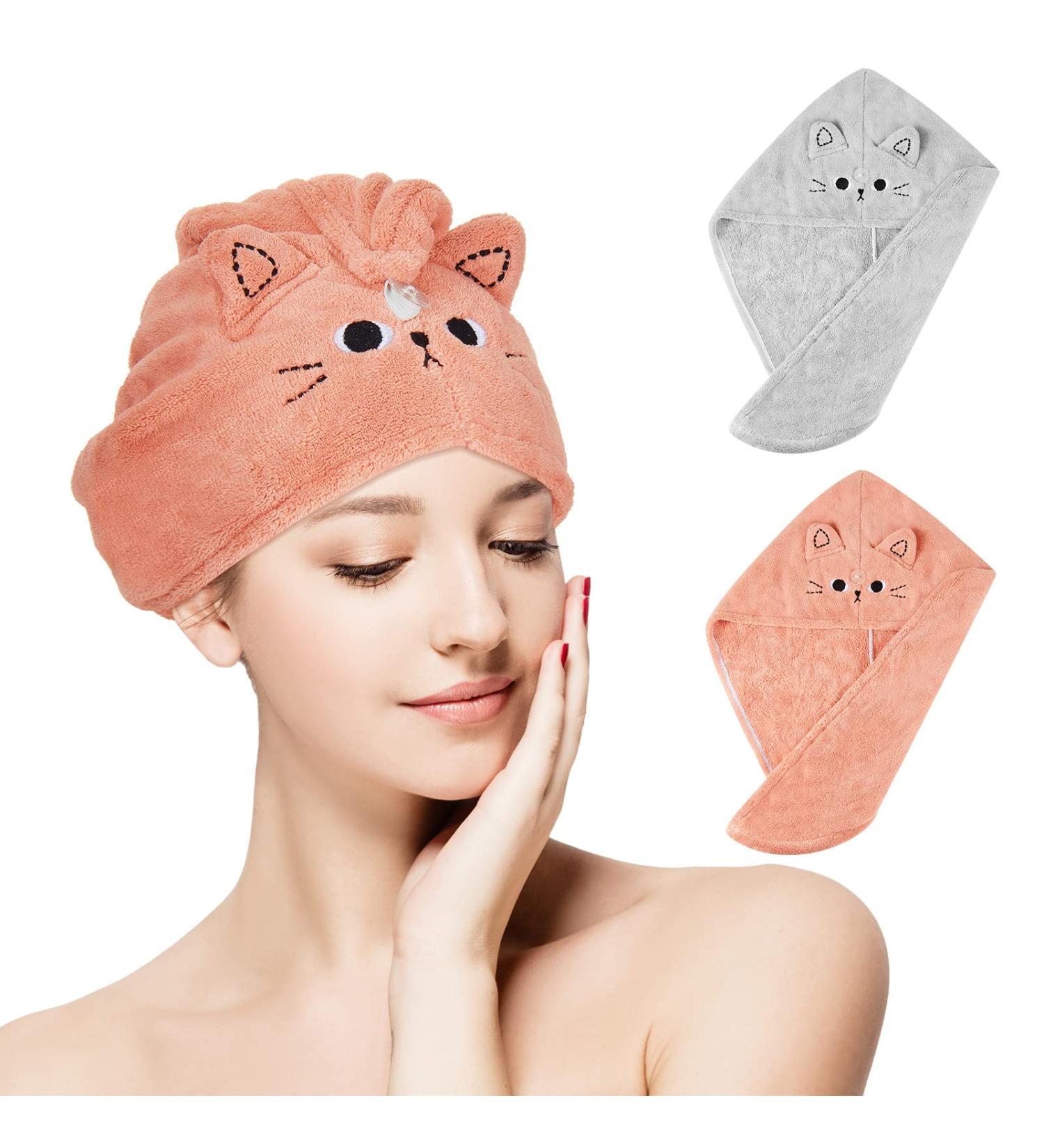 Microfiber Hair Wraps - Quick-Drying Anti-Frizz Hair Towels for Women & Kids | 2-Pack Cat Design in Pink & Gray - Buy Online on GoSupps.com