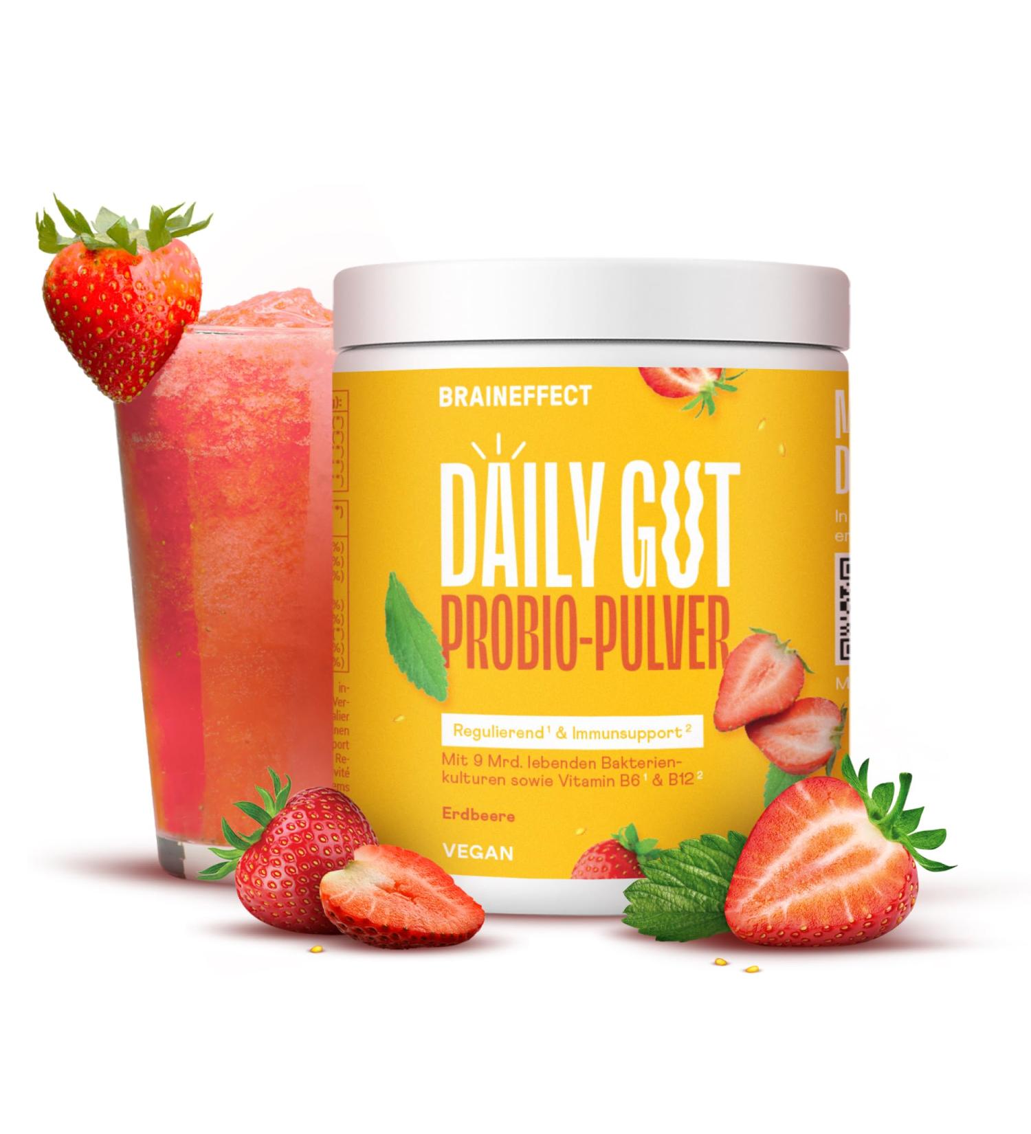 Braineffect Daily Good - Fruity Beverage Powder with Bacterial Strains & Vitamins B6+B12 for Gut Health - 30 Portions (Strawberry) - Buy Online on GoSupps.com