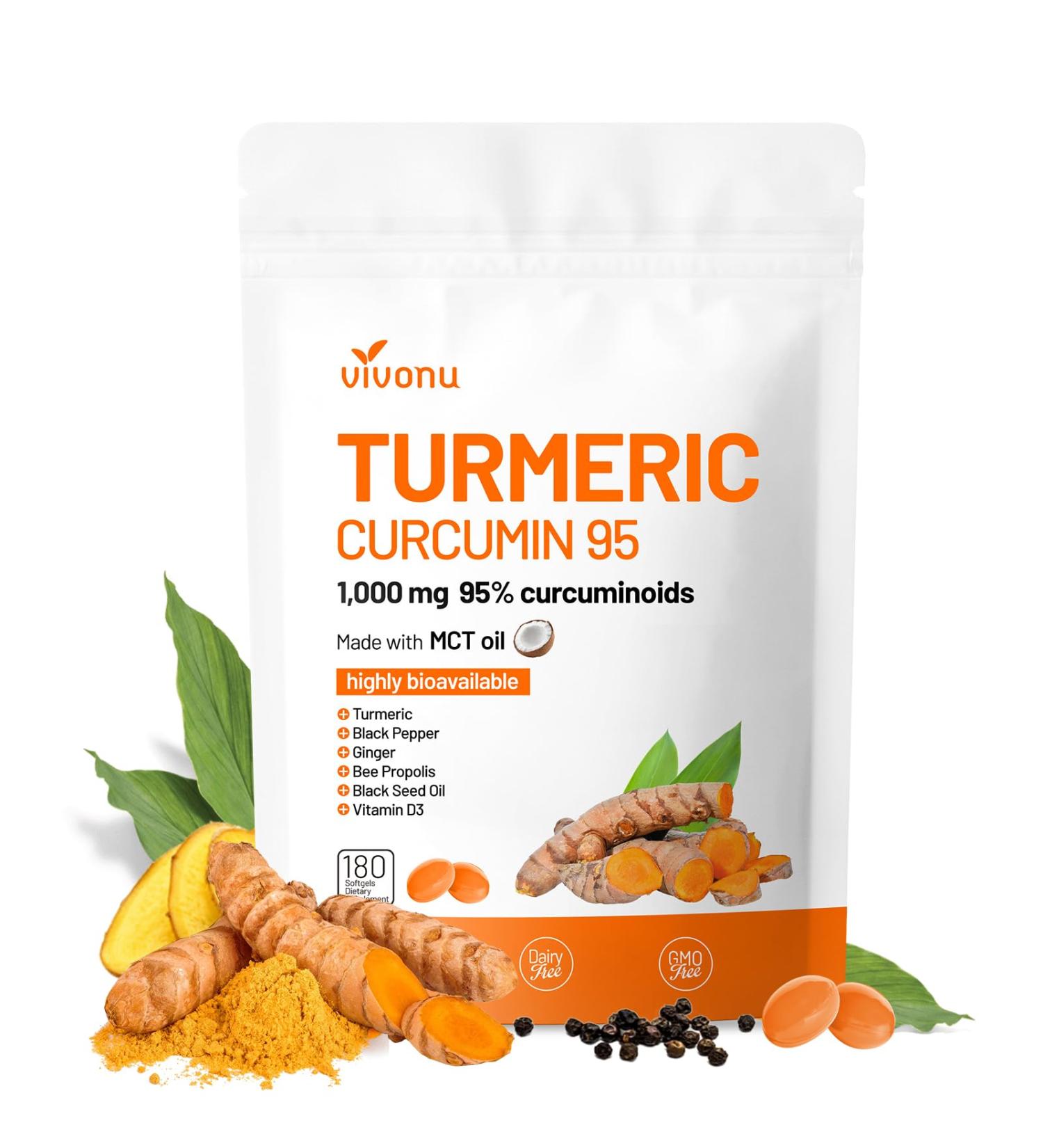 VivoNu Turmeric Curcumin Supplement with Black Pepper Capsules 1000mg Pure Turmeric Curcumin 95% Curcuminoids Softgels Enhanced Absorption Joint Support Non-GMO Gluten-Free - Buy Online on GoSupps.com