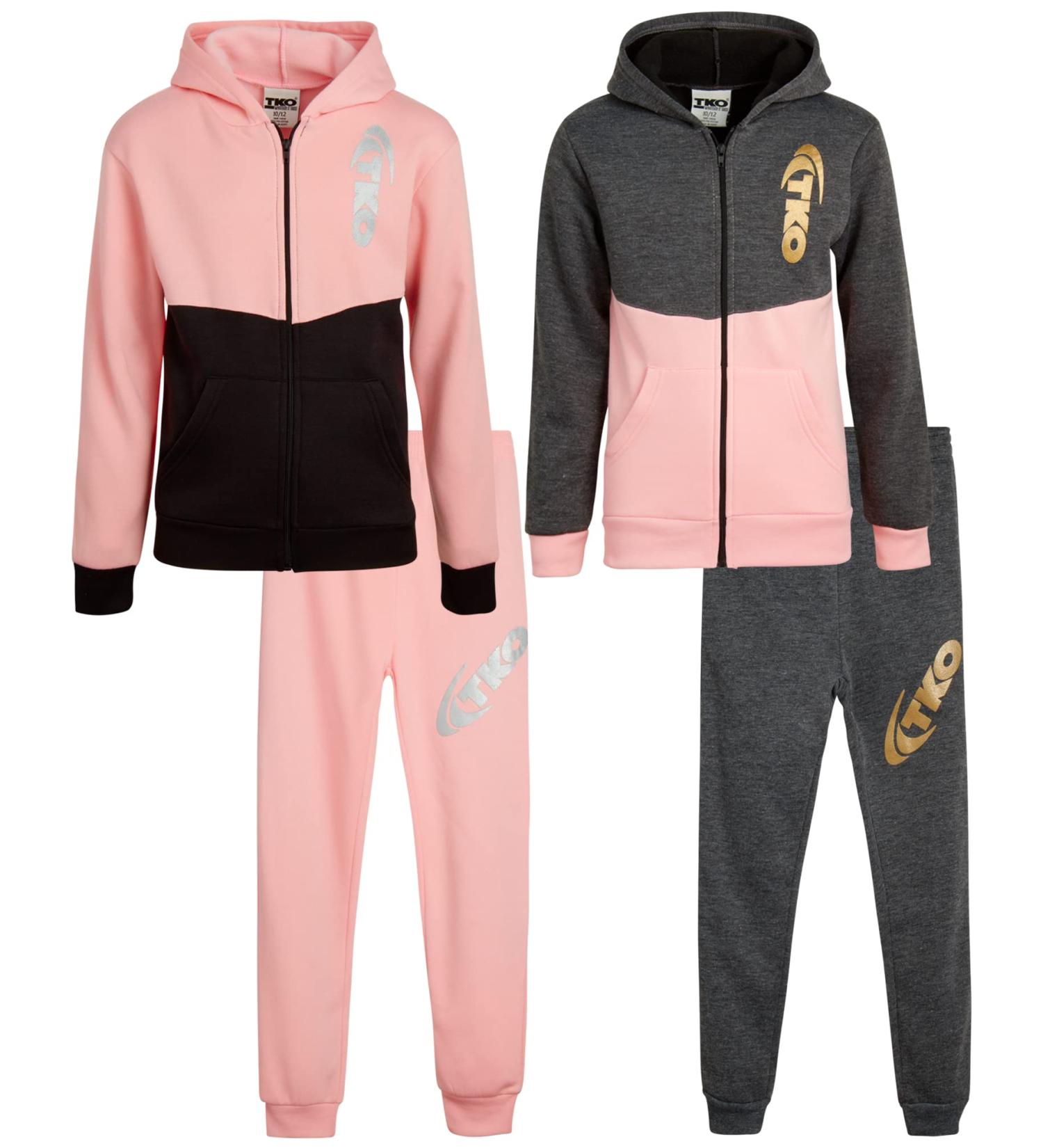 TKO Girls' 4-Piece Fleece Hoodie and Sweatpants Set (Size 4-12) - Mauve/Black/Grey/Pink - Buy Online on GoSupps.com