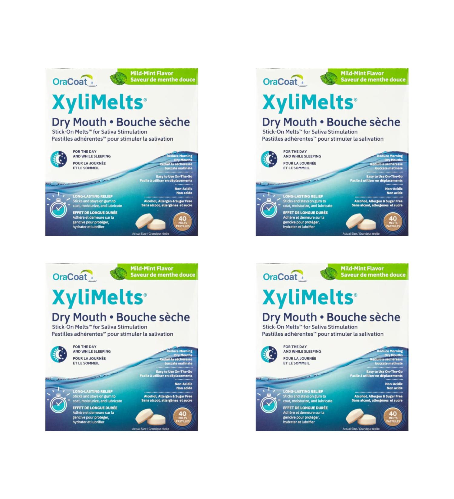 XyliMelts - Dry Mouth Relief Made With Xylitol - Mild Mint Flavour - 40 XyliMelts (4-pack) Sticky Time-Release Xylitol Lozenges - Stimulates Saliva Production Naturally Sugar-Free