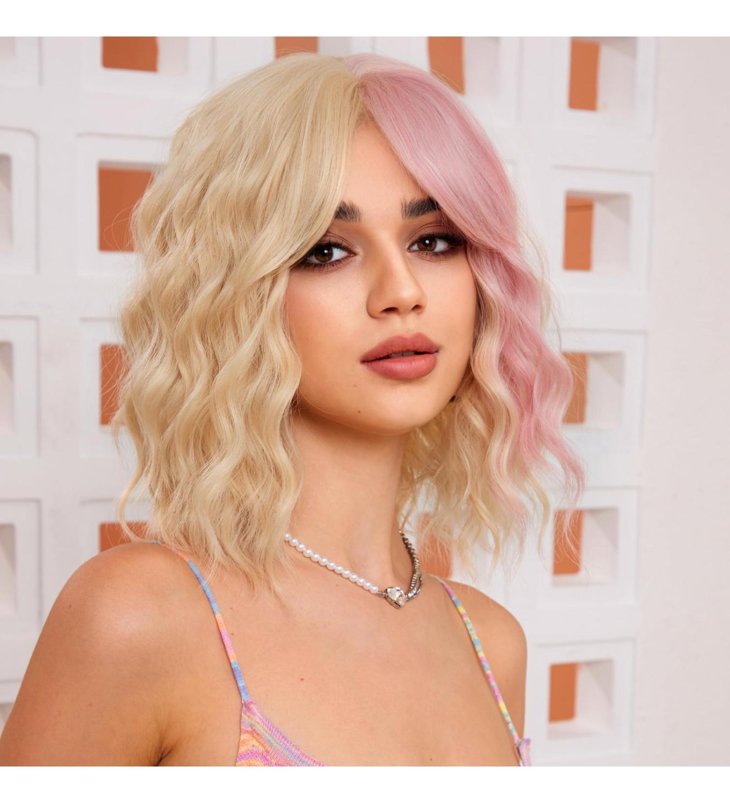 WOKESTAR Bob Curly Wig 12 Blonde Pink Highlights | Short Synthetic Wavy Wig for Women - Buy Online on GoSupps.com