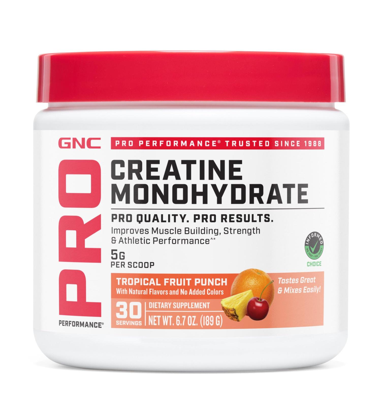 GNC Pro Performance Creatine Monohydrate Powder for Women & Men 5g Creatine Per Serving Muscle Building Energy Production Endurance Performance Tropical Punch 50 Servings