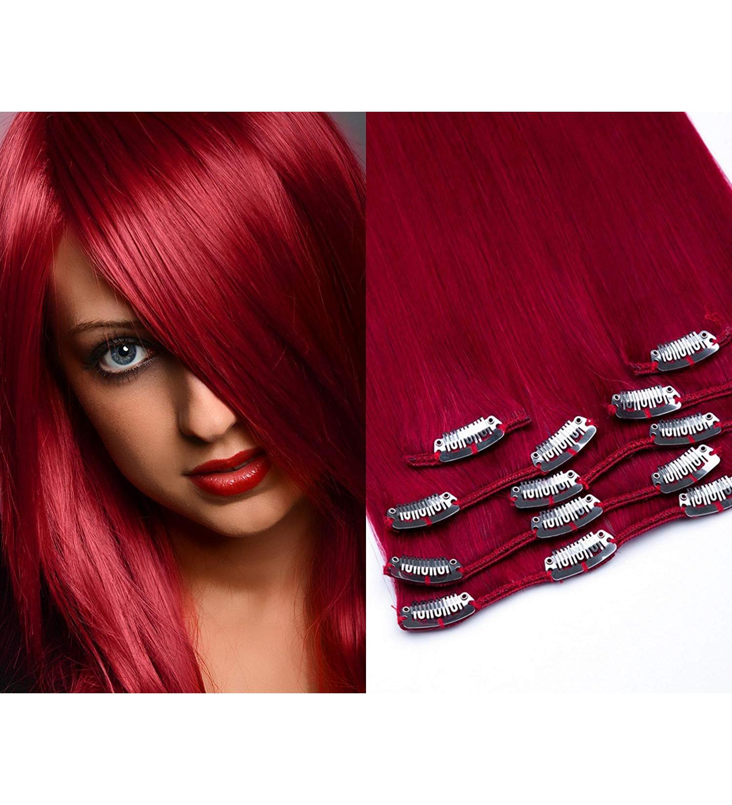Clip In Extensions Set 100% Real Hair - 7 Pieces 70g Dark Red 55cm Hair Extensions for Volume & Length - Buy Online on GoSupps.com