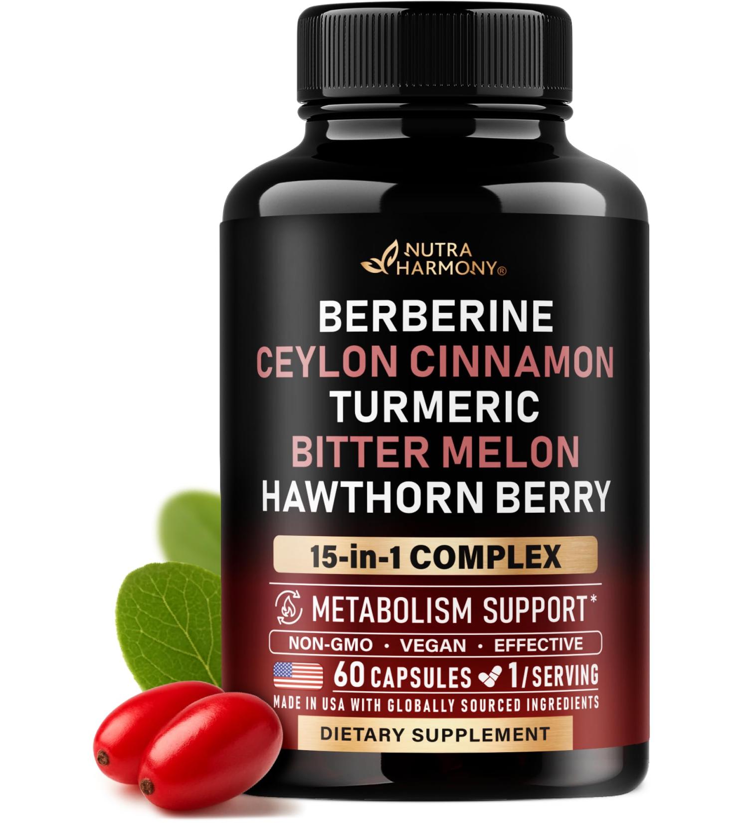 Berberine with Ceylon Cinnamon | Bitter Melon (Karela) | Apple Cider Vinegar | Hawthorn Berry | Citrus Bergamot | Turmeric - 15-in-1 Supplement for Heart Support Metabolism & Energy - 60 Capsules - Buy Online on GoSupps.com