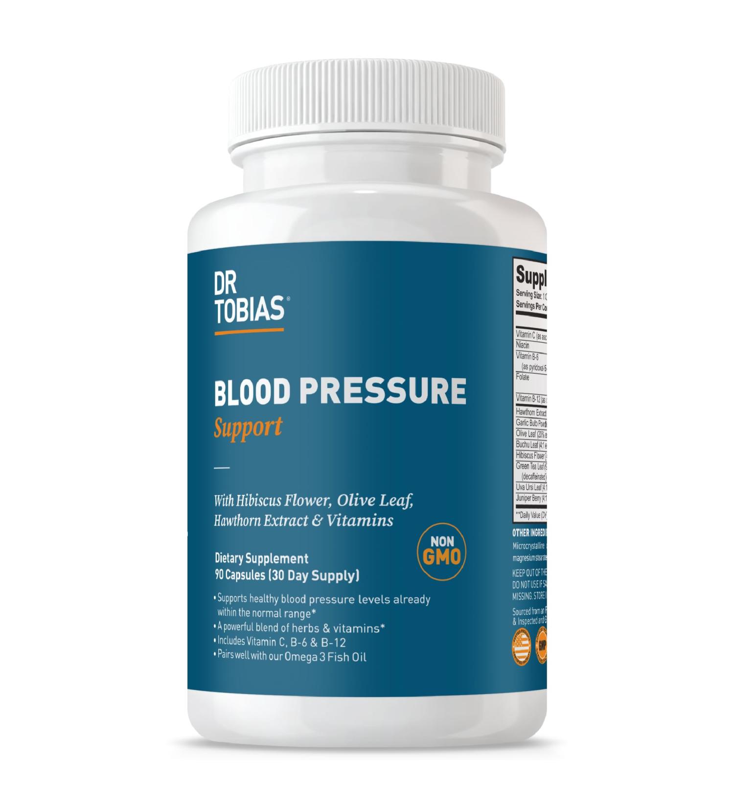 Dr. Tobias Blood Pressure Support Supplement with Hawthorn Hibiscus Flower Olive Leaf & Garlic Supports Normal Circulatory Health with Vitamins C B6 B12 Niacin Folate & Herbs 90 Capsules - Buy Online on GoSupps.com