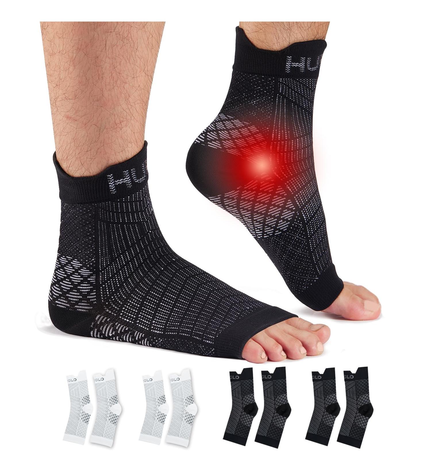 HUEGLO 4 Pair Ankle Bandage Socks for Plantar Fasciitis | Orthopedic Compression for Neuropathy Arthritis & Achilles Tendon Relief - White & Black - Buy Online on GoSupps.com