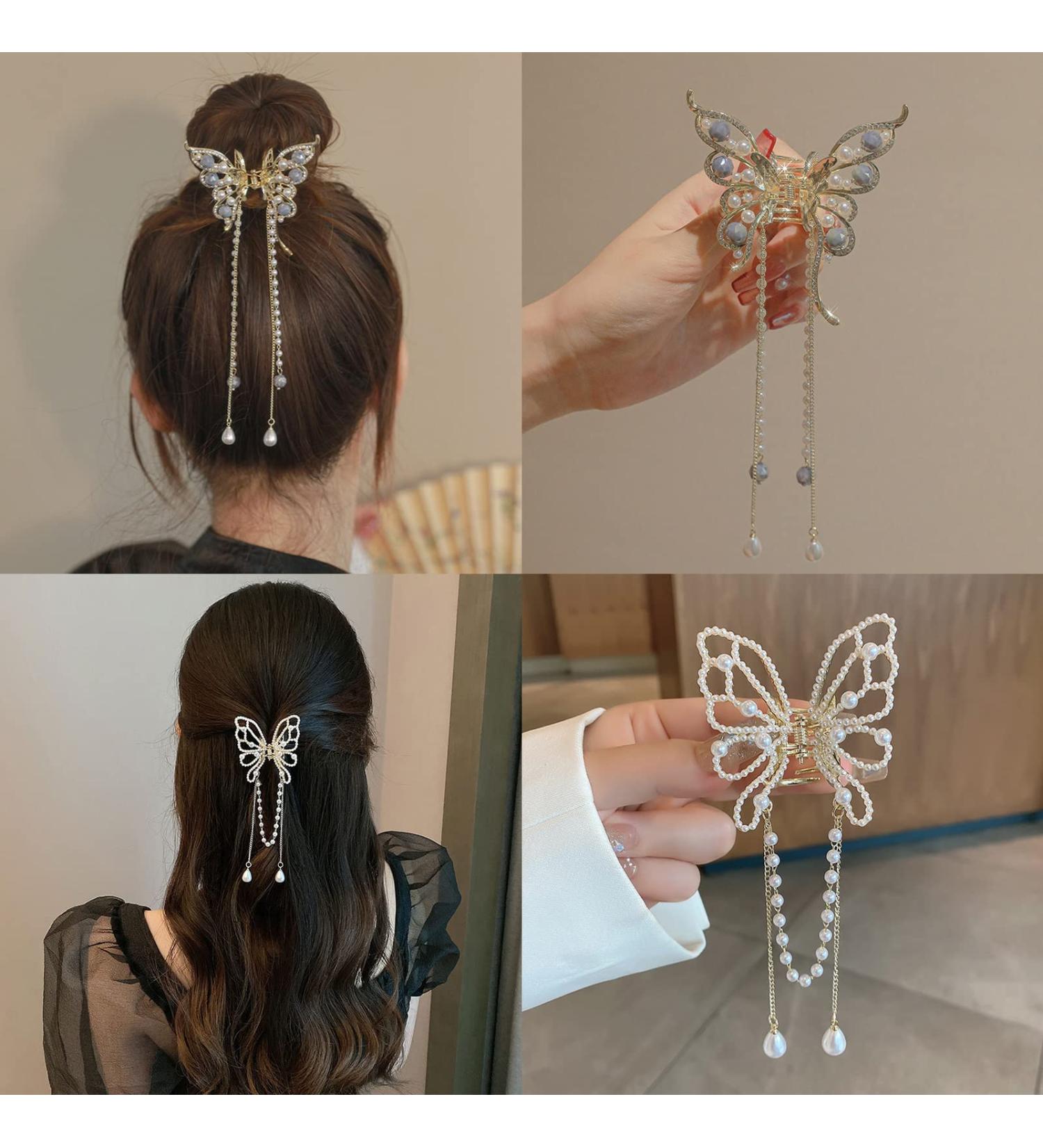 2PCS Butterfly Hair Clips for Women - Nonslip Metal Claw Clips with Pearl Tassel Detail - Fashion Hairpins and Styling Accessories - Buy Online on GoSupps.com