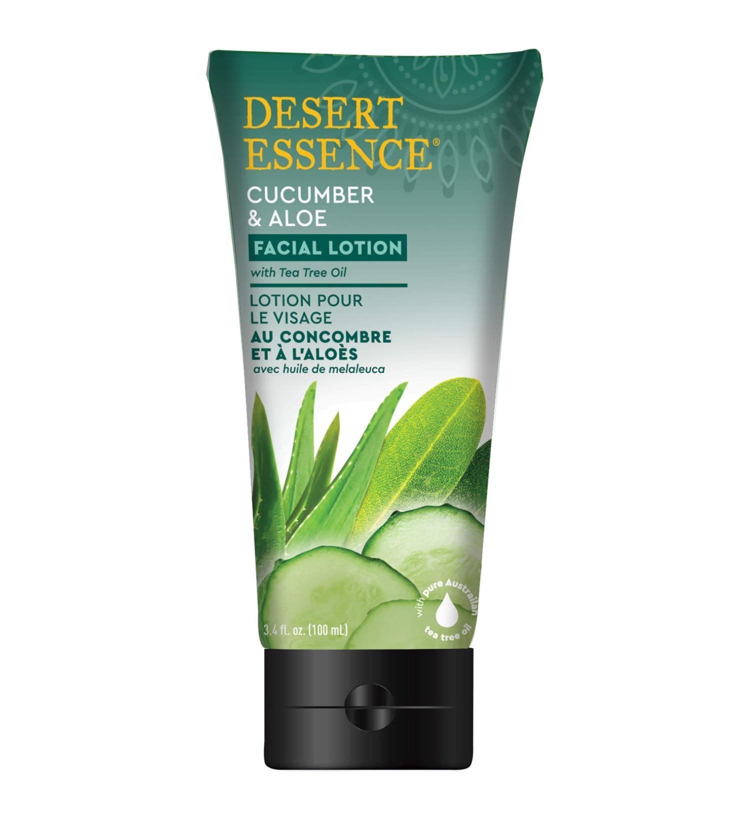 Desert Essence Facial Lotion - Cucumber & Aloe w/Tea Tree Oil - 3.4 Fl Oz - Moisturizes, Protects & Softens Skin - Aloe - Cooling Cucumber - Brighten & Tone