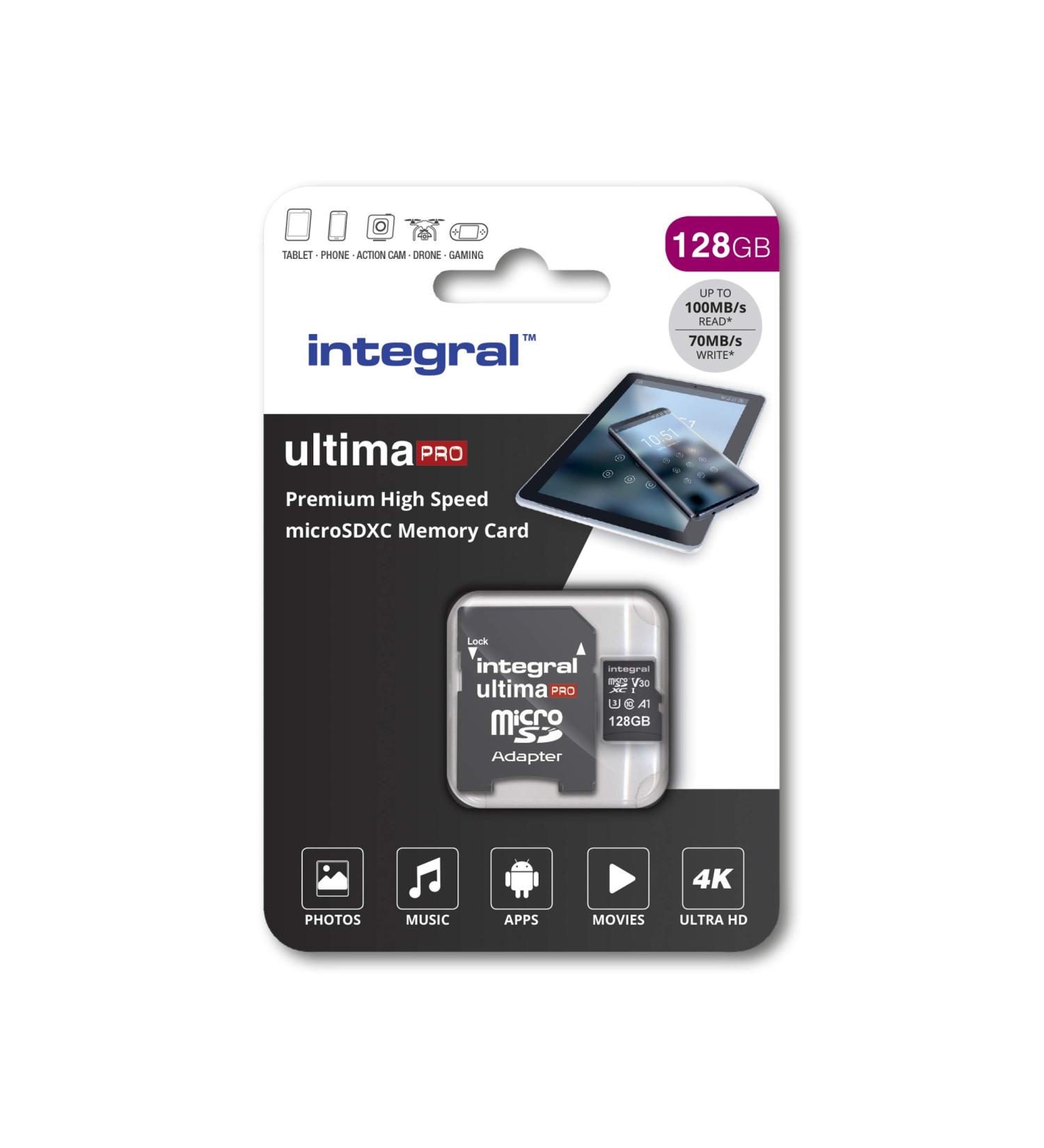 Integral 128GB Micro SD Card - 4K Video Premium High Speed Memory Card | Up to 100MB/s Read Speed, 50MB/s Write Speed | V30, C10, U3, UHS-I A1 - 128GB - Buy Online on GoSupps.com