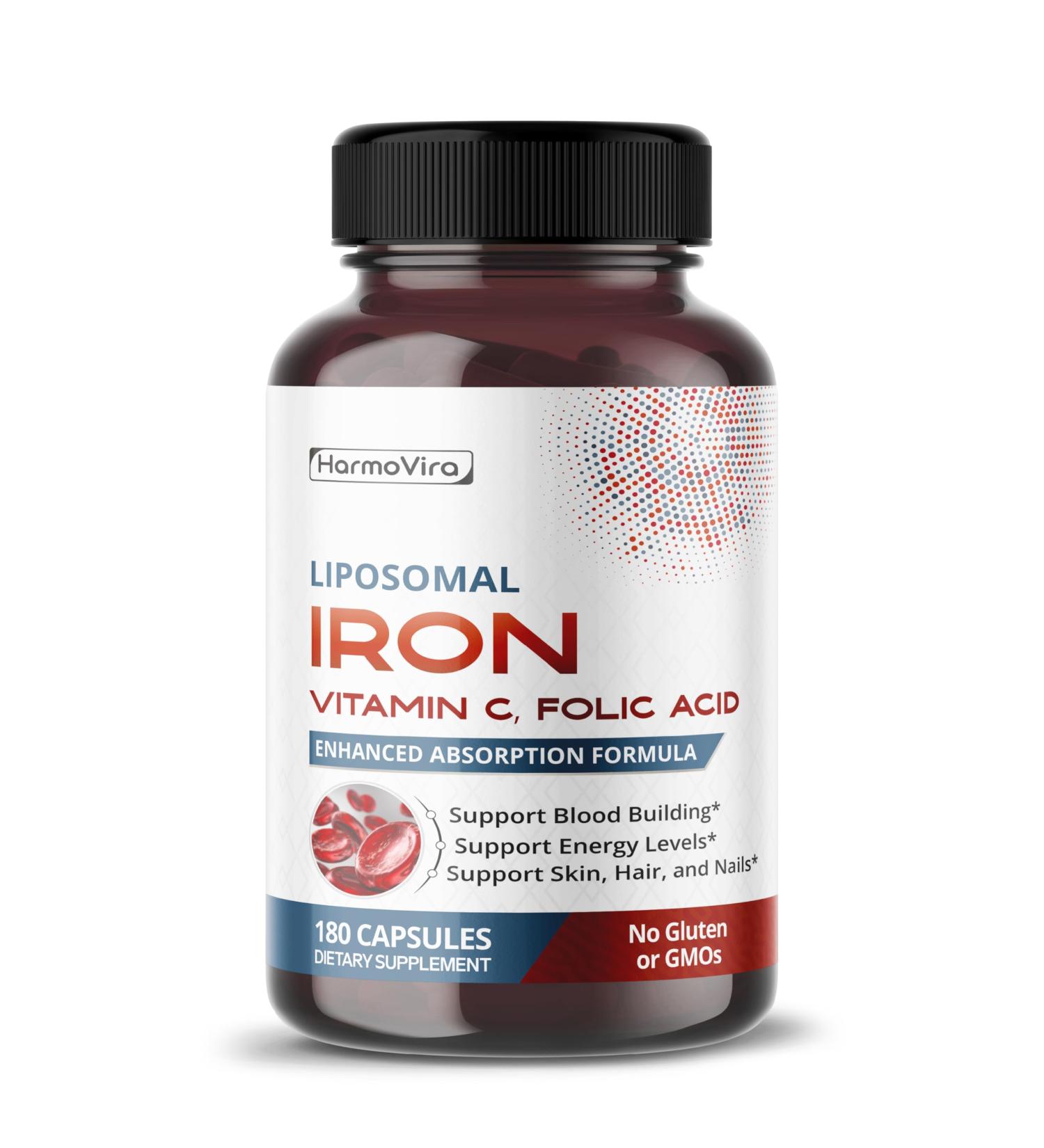 Liposomal Iron with Vitamin C Folic Acid B12 B6 B1 Support Energy & Red Blood Cell Formation Gentle Formula 180 Capsules Non-GMO Gluten-Free 60 count (pack of 2) - Buy Online on GoSupps.com