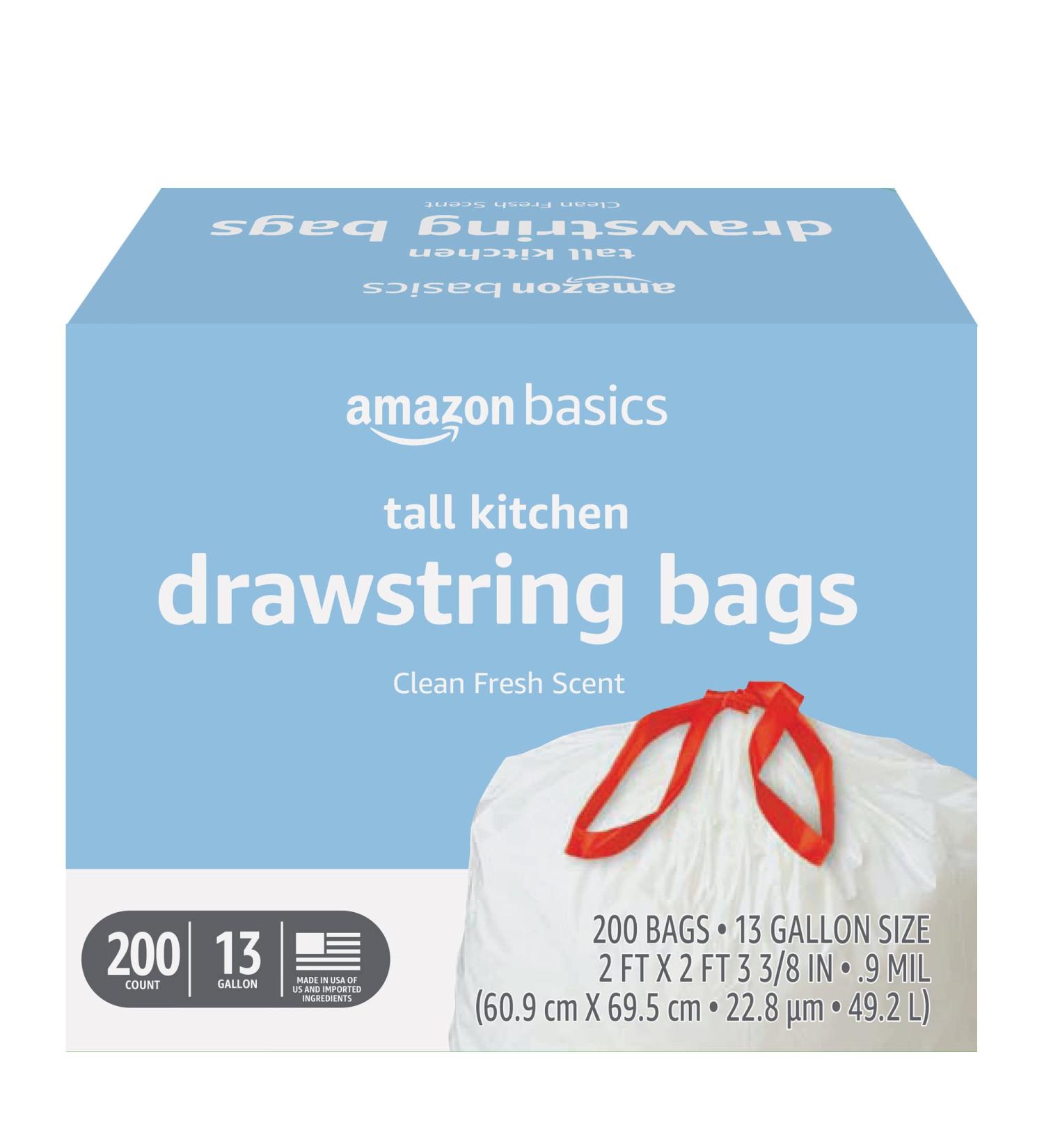Amazon Basics 13 Gallon Tall Kitchen Trash Bags - 200 Count | Clean Fresh Scent | Strong Drawstring | (Previously Solimo) - Buy Online on GoSupps.com