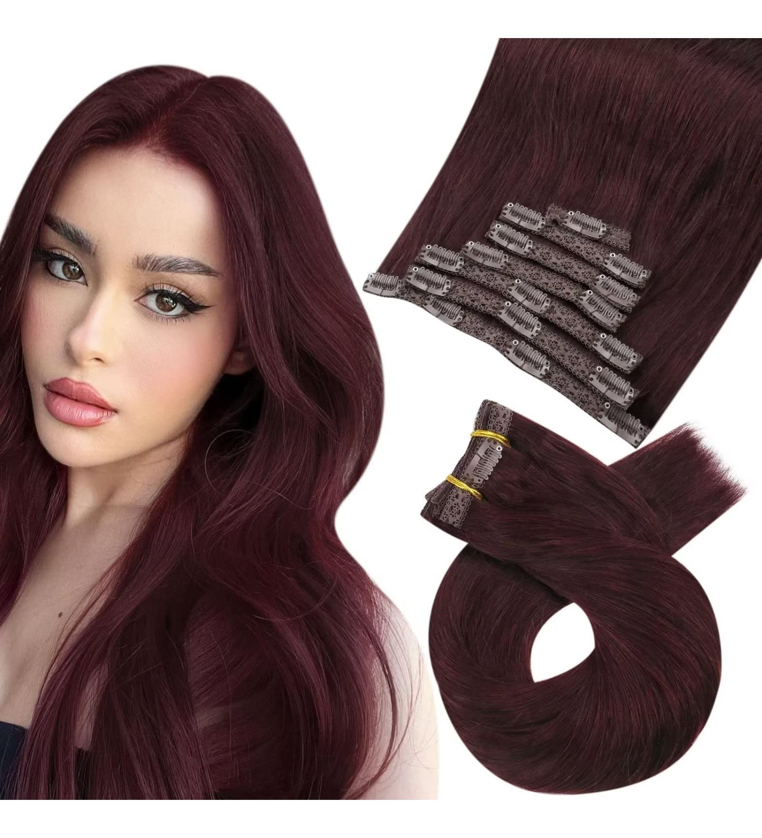 Moresoo Wine Red Clip in Hair Extensions - 16 Inch Burgundy Real Human Hair - 7 Pieces/120g #99J - Buy Online on GoSupps.com