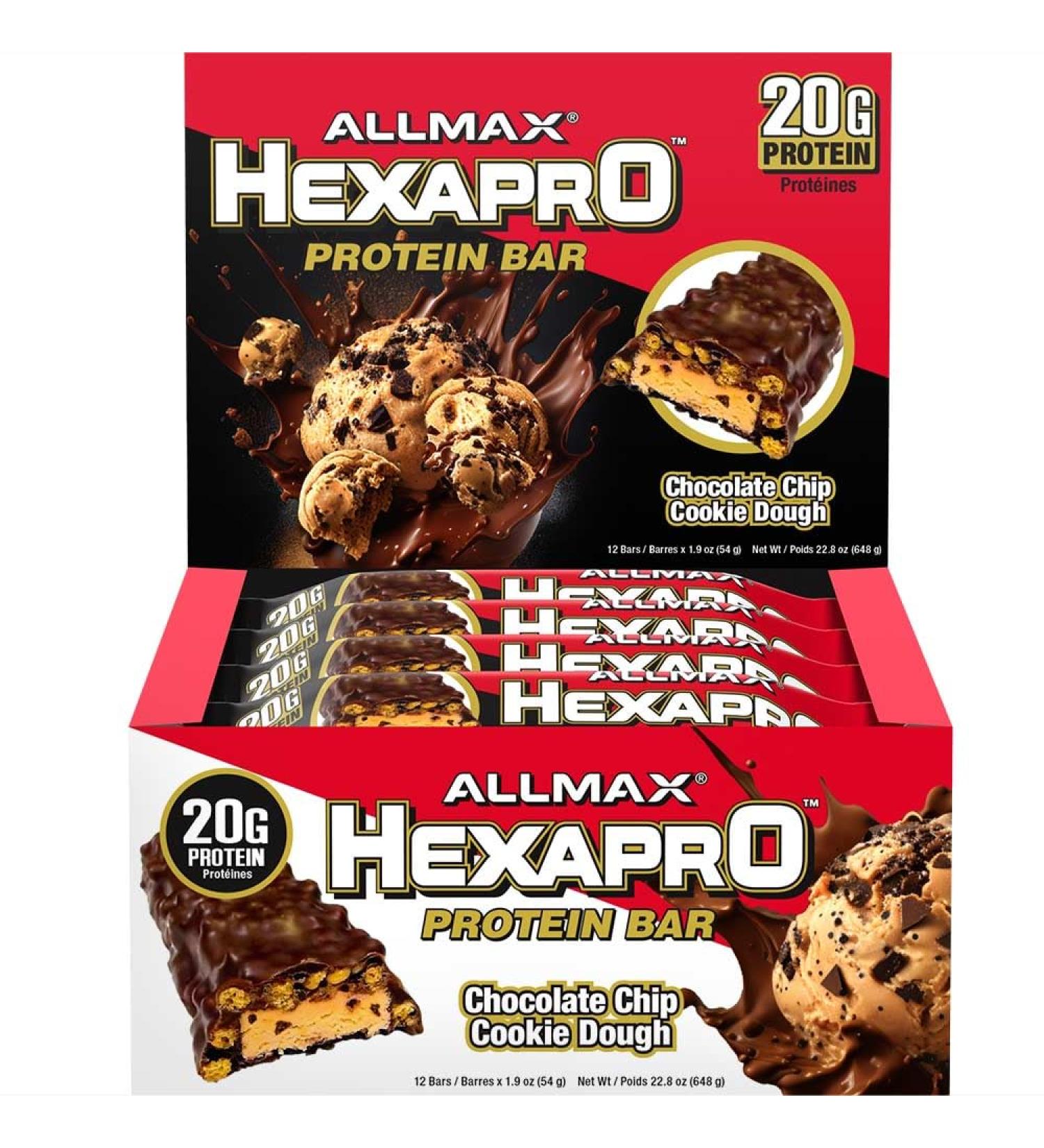 Allmax HexaPro Protein Bar Chocolate Chip Cookie with 20g Protein and with only 4g Sugar Snacking for High in Protein Diets or post workout diets 54g (12 Count) - Buy Online on GoSupps.com