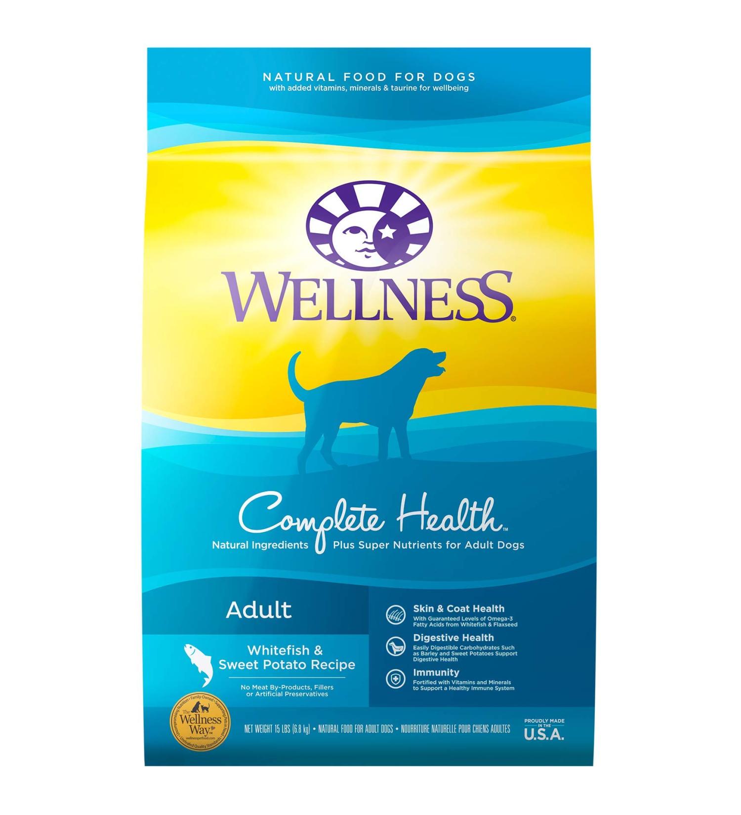 Wellness Complete Health Dry Dog Food - Grains, Real Meat | All Breeds, Adult Dogs - Whitefish & Sweet Potato, 15 lb - Buy Online on GoSupps.com