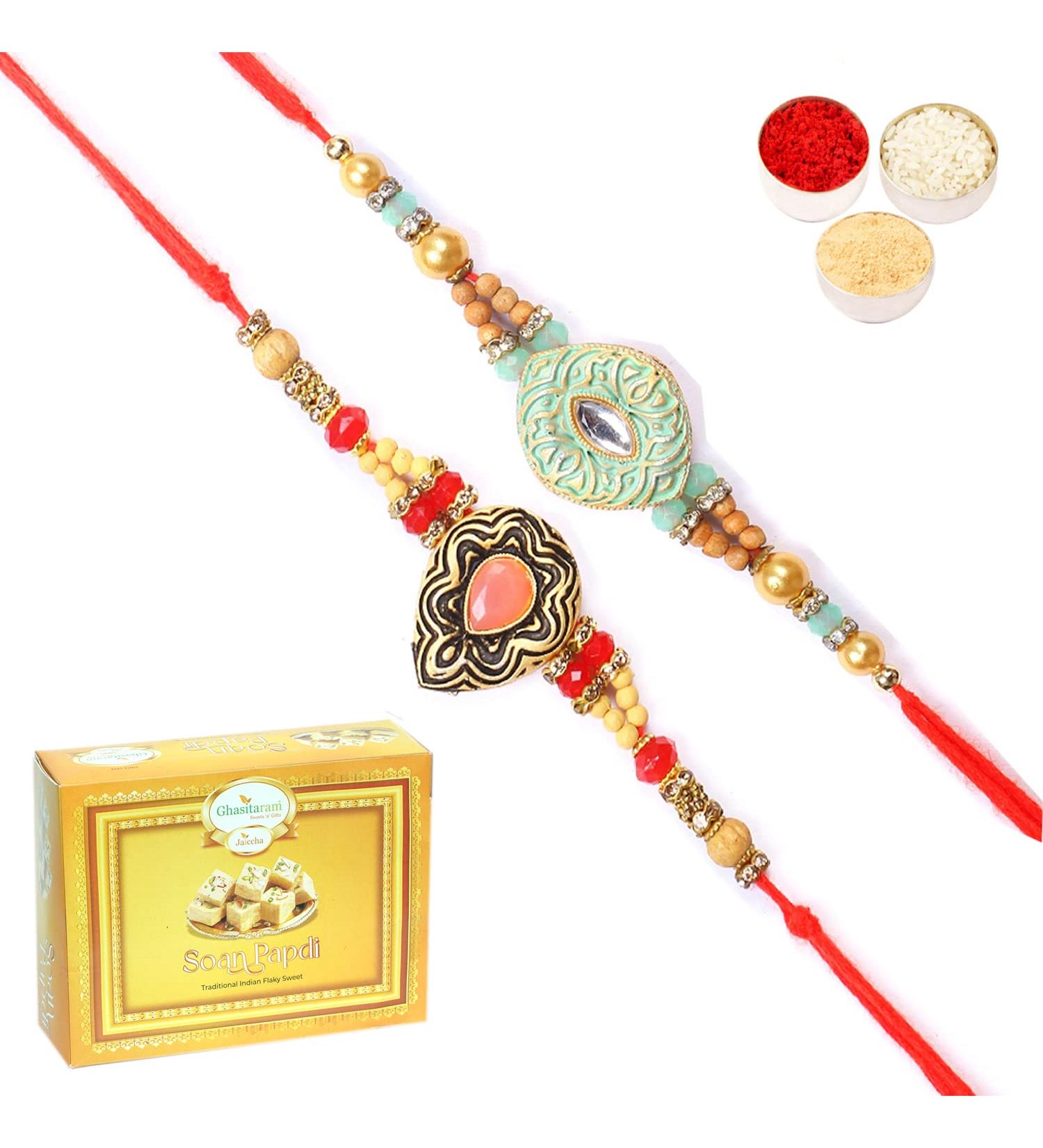 Ghasitaram Gifts Rakhi for Brother Rakhis Online - Set of 2 8469 8487 Premium Rakhis with 200 GMS of Soan Papdi - Buy Online on GoSupps.com