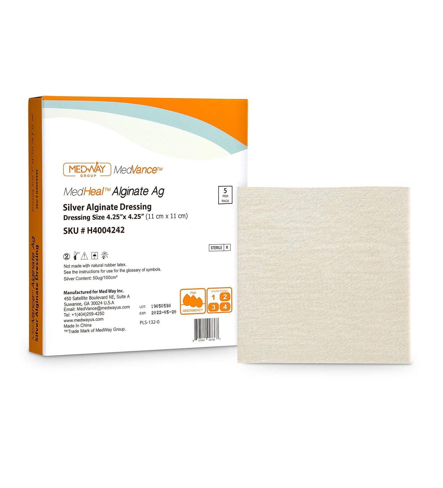 MedHeal Silver Calcium Alginate Ag Dressing 4.25x4.25 - 5 Dressings/Box, Antibacterial & Highly Absorbent - Buy Online on GoSupps.com