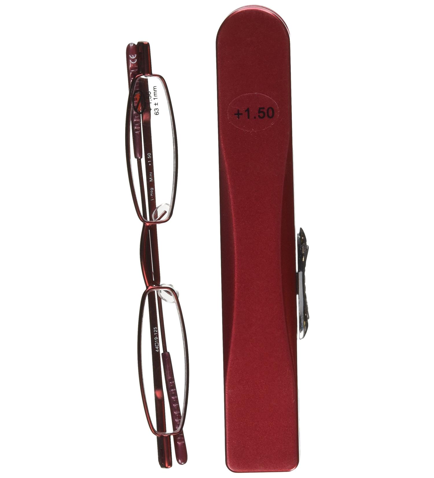 I-Mag Mini Metal Spring Hinge Reading Glasses with Slide Open Hard Case (Red 1.50)