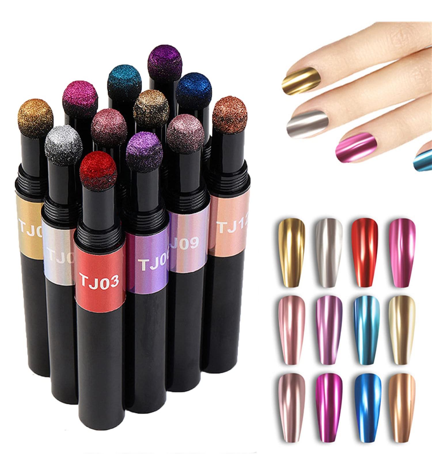 12 Colors Chrome Powder Pen for Nails - Nail Art Pen with Air Cushion Mirror Effect - Nail Polish Pens for Nail Decorations (Multicolor) - Buy Online on GoSupps.com