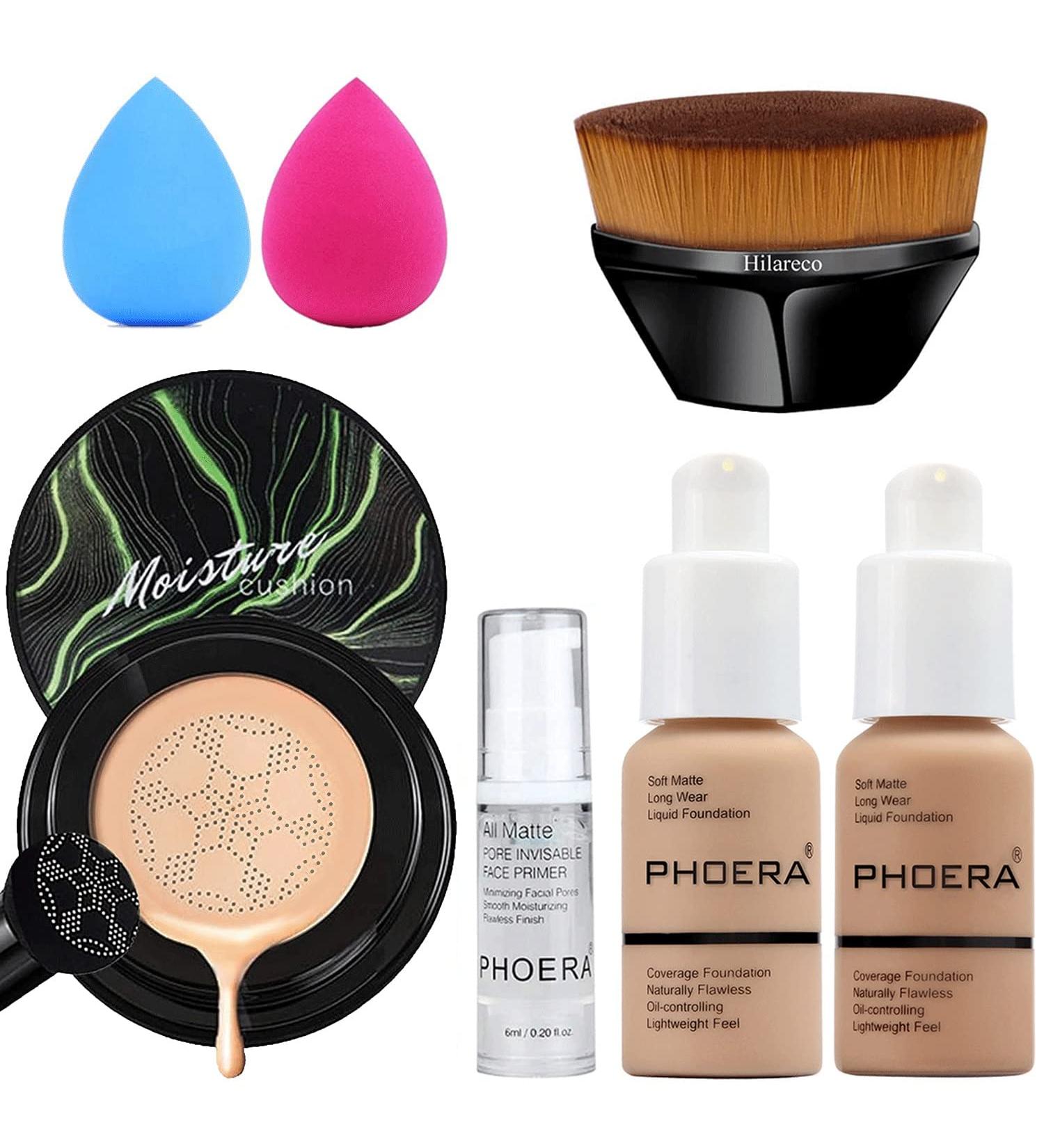 PHOERA Air Cushion CC Cream Foundation Kit with Kabuki Brush and Makeup Sponges - Full Coverage PHOERA Primer for Matte Finish (104 Buff Beige + 105 Sand + 04 Buff Beige CC) - Buy Online on GoSupps.com