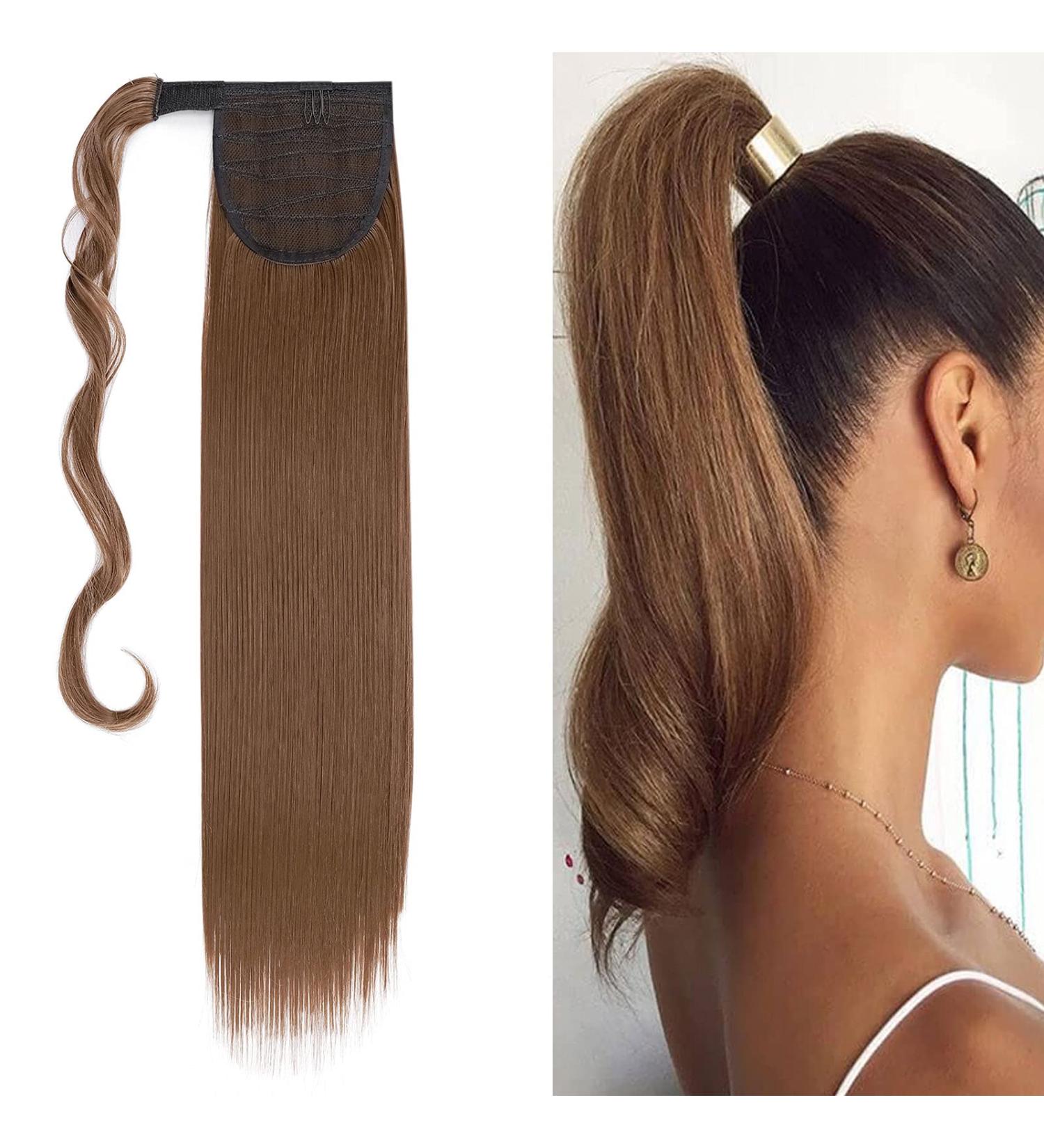 23" Long Straight Wrap Around Ponytail Clip in Hair Extensions One Piece Hairpiece Magic Tape in Pony Tail Extension for Women Light Brown - Buy Online on GoSupps.com