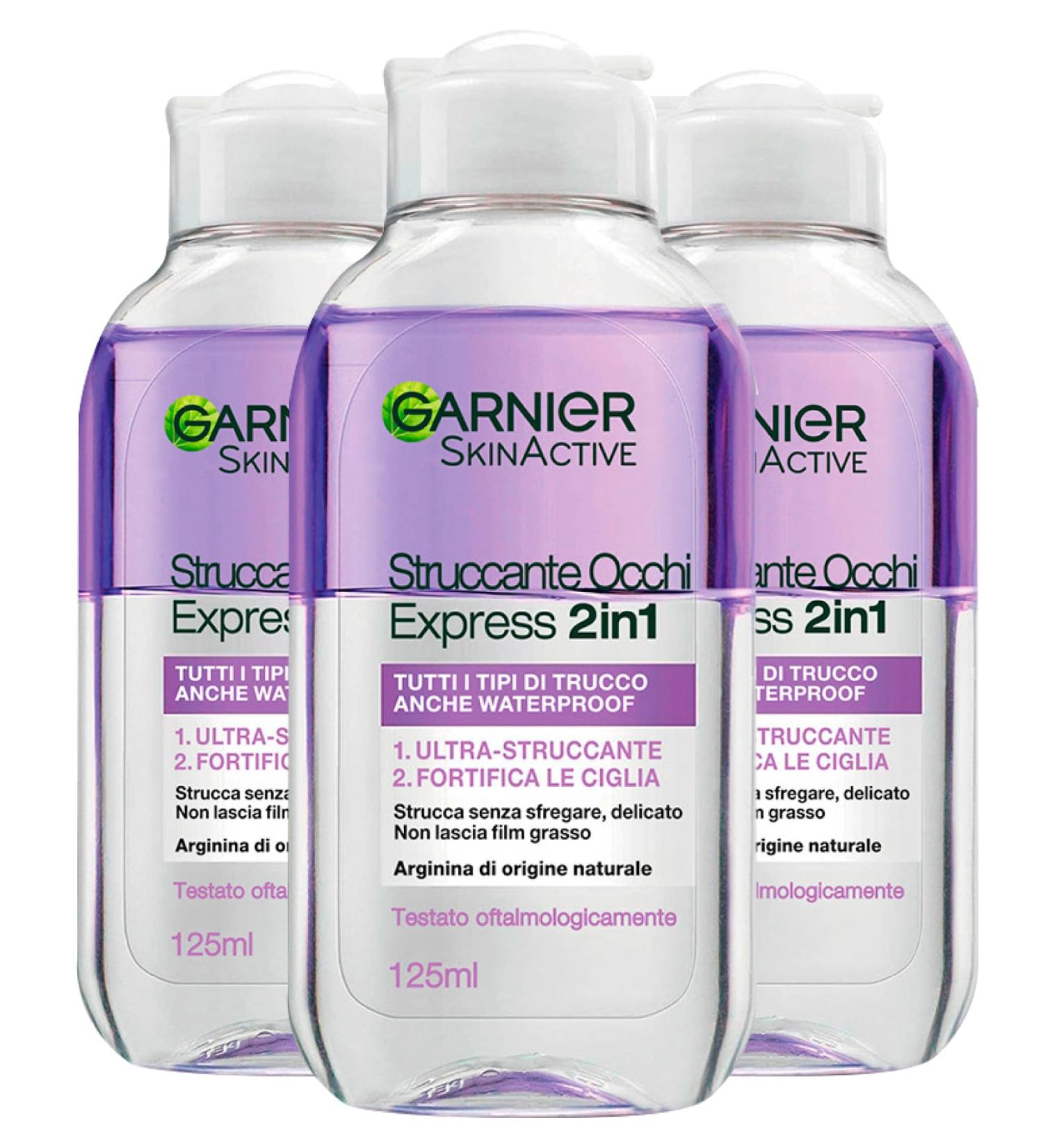 Garnier Garnier Skin Active Eye Makeup Remover Express 2-in-1 Removes Makeup Waterproof Fortifies Lashes Delicate Formula with Natural Origin Arginine - 3 x 125ml Bottles