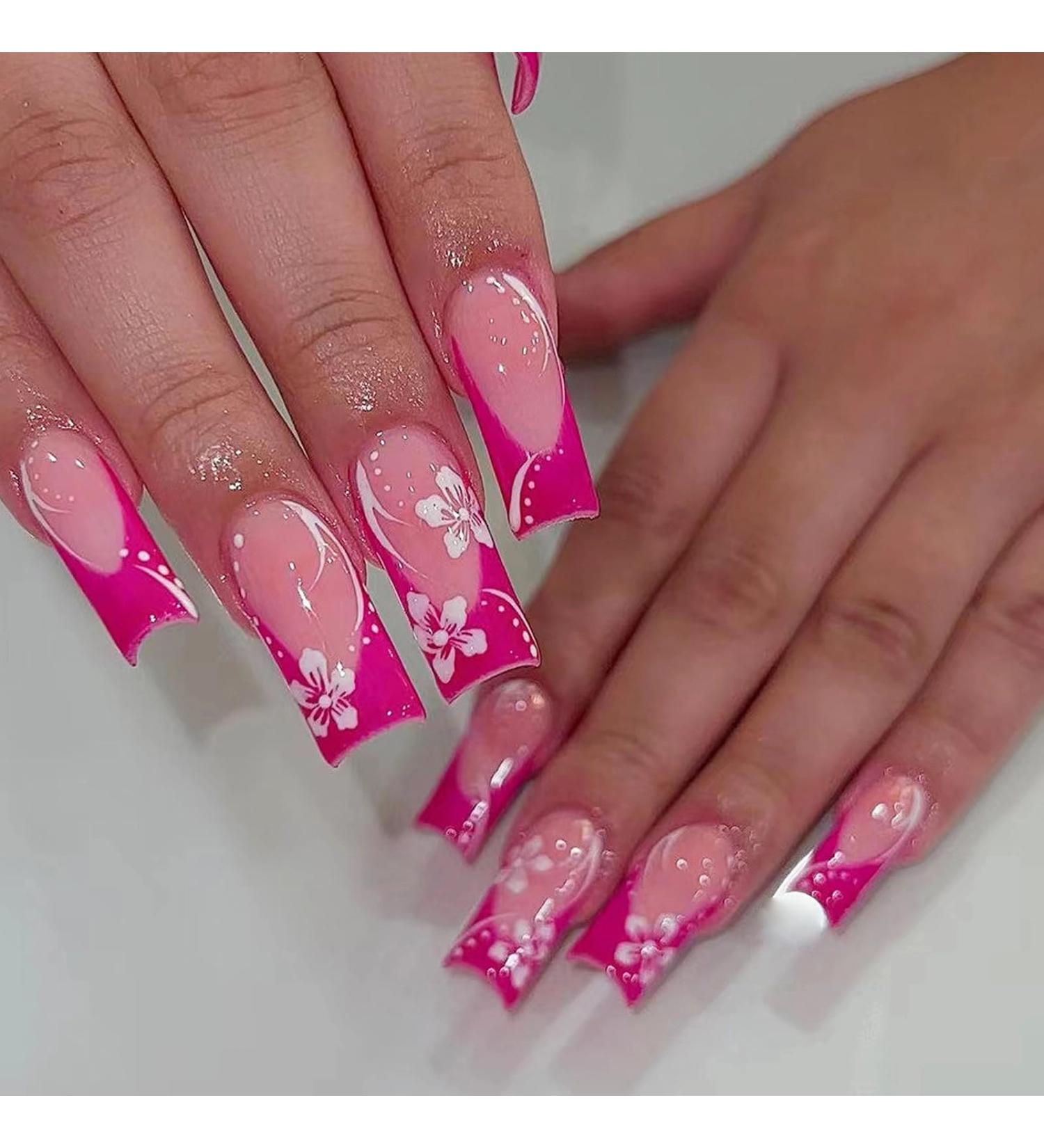 MISUD Hot Pink French Tip Press On Nails - Long Square Acrylic Glue On Nails 24 pcs Summer Flower Design Glossy Squoval Fake Nails - Buy Online on GoSupps.com