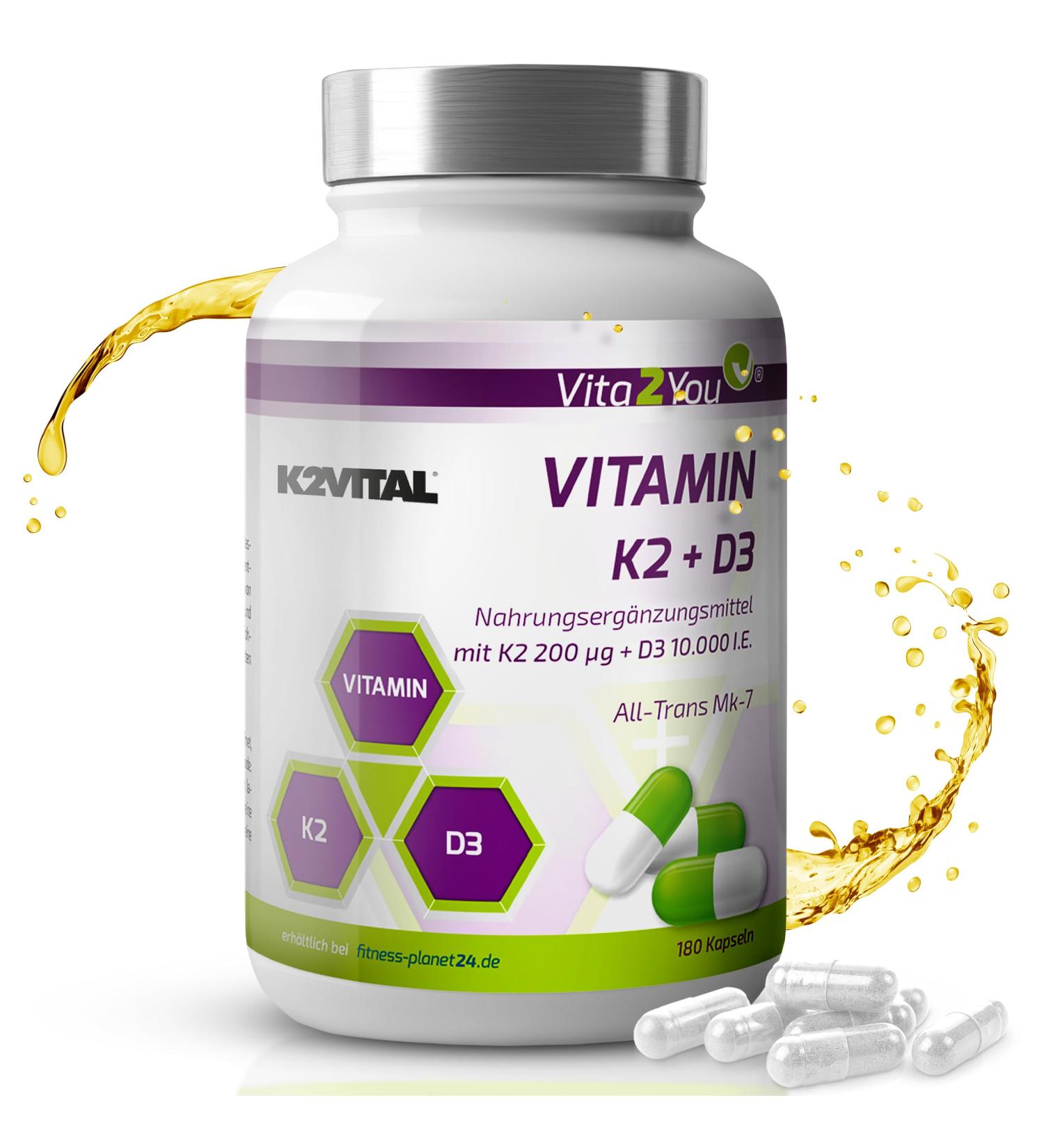 Buy Vita2you Vitamin D3 + K2 - 180 Capsules | 10 000 IU D3 & 200 g K2 (MK-7) - Premium Quality K2Vital - International Shipping - Buy Online on GoSupps.com