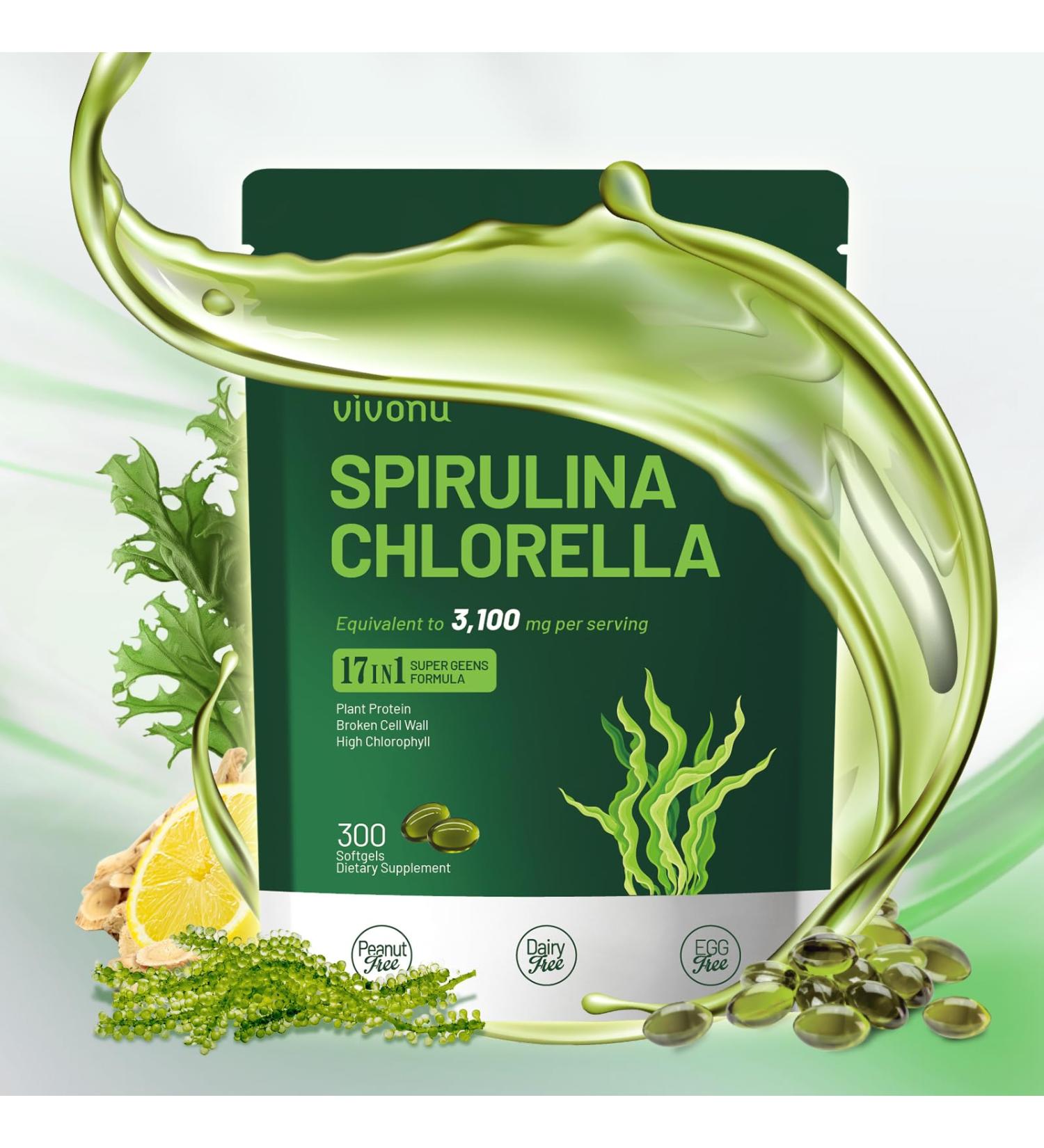 VivoNu Spirulina and Chlorella Capsules | 3100mg | Spirulina Capsules | Vegan Superfood Rich in Protein Chlorophyll Vitamins & Minerals | Non-Irradiated BlueSpirulina | 300 Capsules 300p/1bag - Buy Online on GoSupps.com