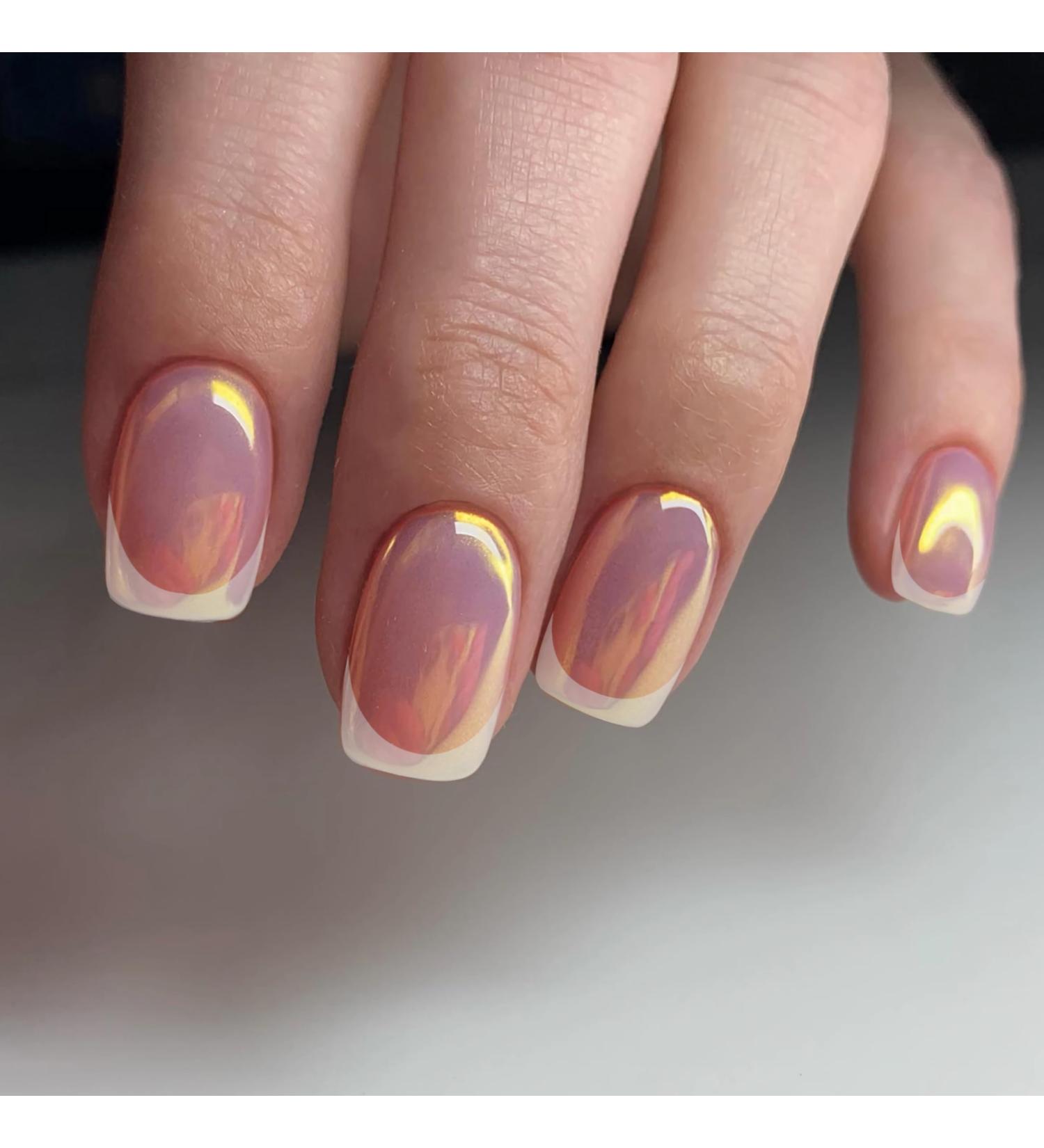 Iridescent Chrome Press On Nails - Short Pastel Pink French Tips | Reusable Fake Nails Kit (24 Nails 12 Sizes) for Women s Party Wear - Buy Online on GoSupps.com