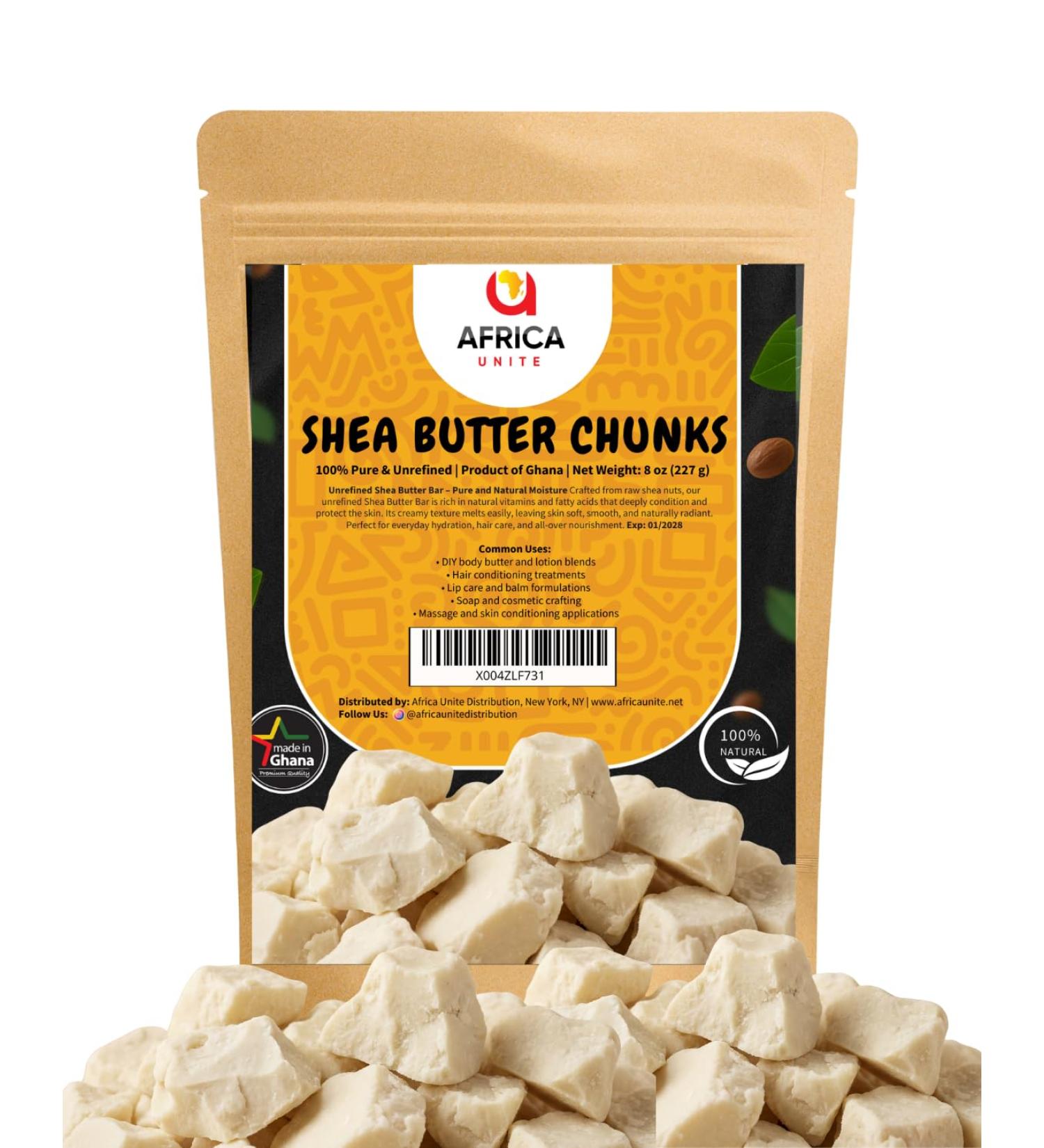 AFRICA UNITE Raw Unrefined Shea Butter Chunks 8 oz 100% Pure Unscented Easy-to-Melt Cosmetic Butter for DIY Body Butter Hair Care & Soap Making Product of Ghana