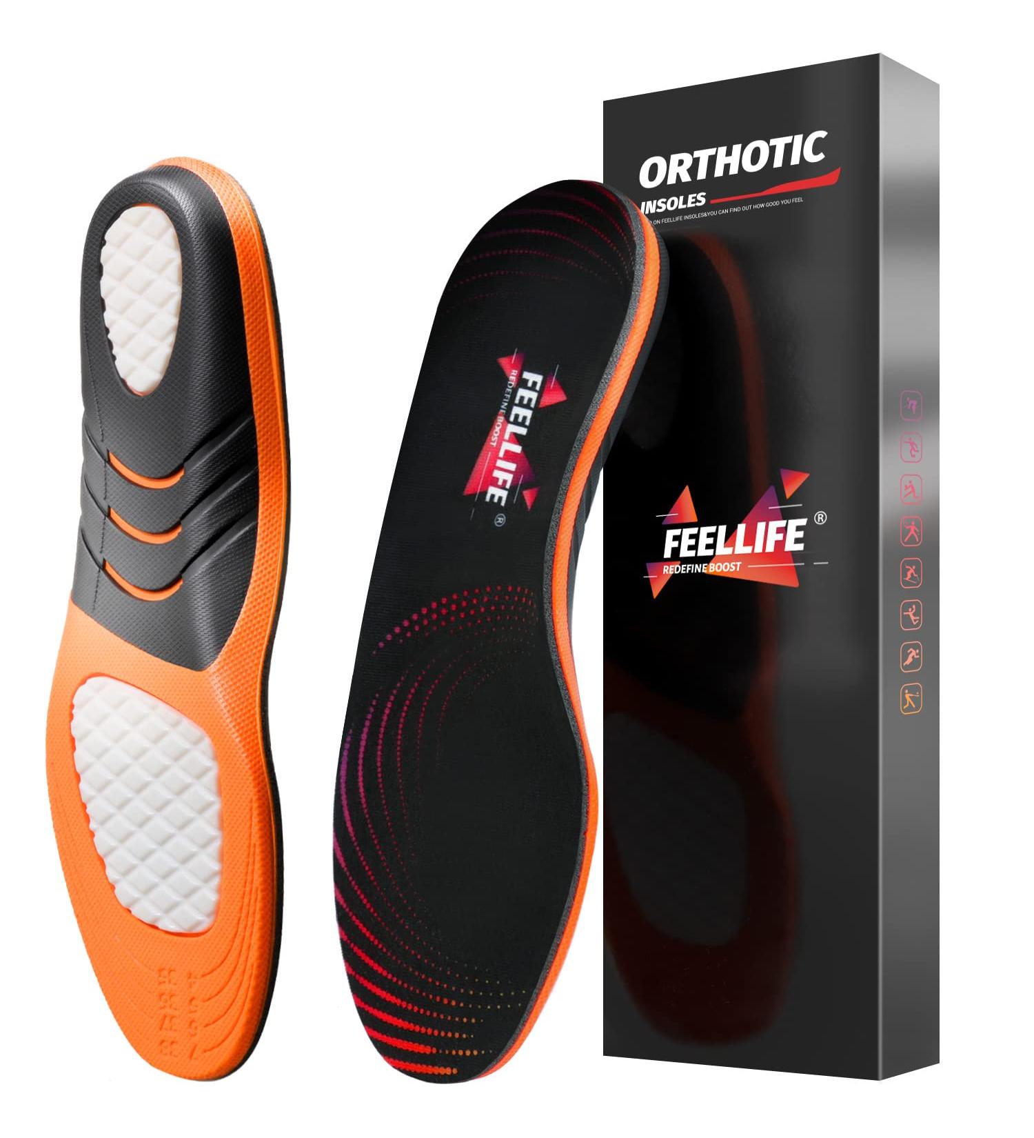 FeelLife Plantar Fasciitis Relief Arch Support Insoles 1-Pair | Orthotic Gel Inserts for Arch Pain | Men 8-11/Women 9-12 | Black & Orange - Buy Online on GoSupps.com
